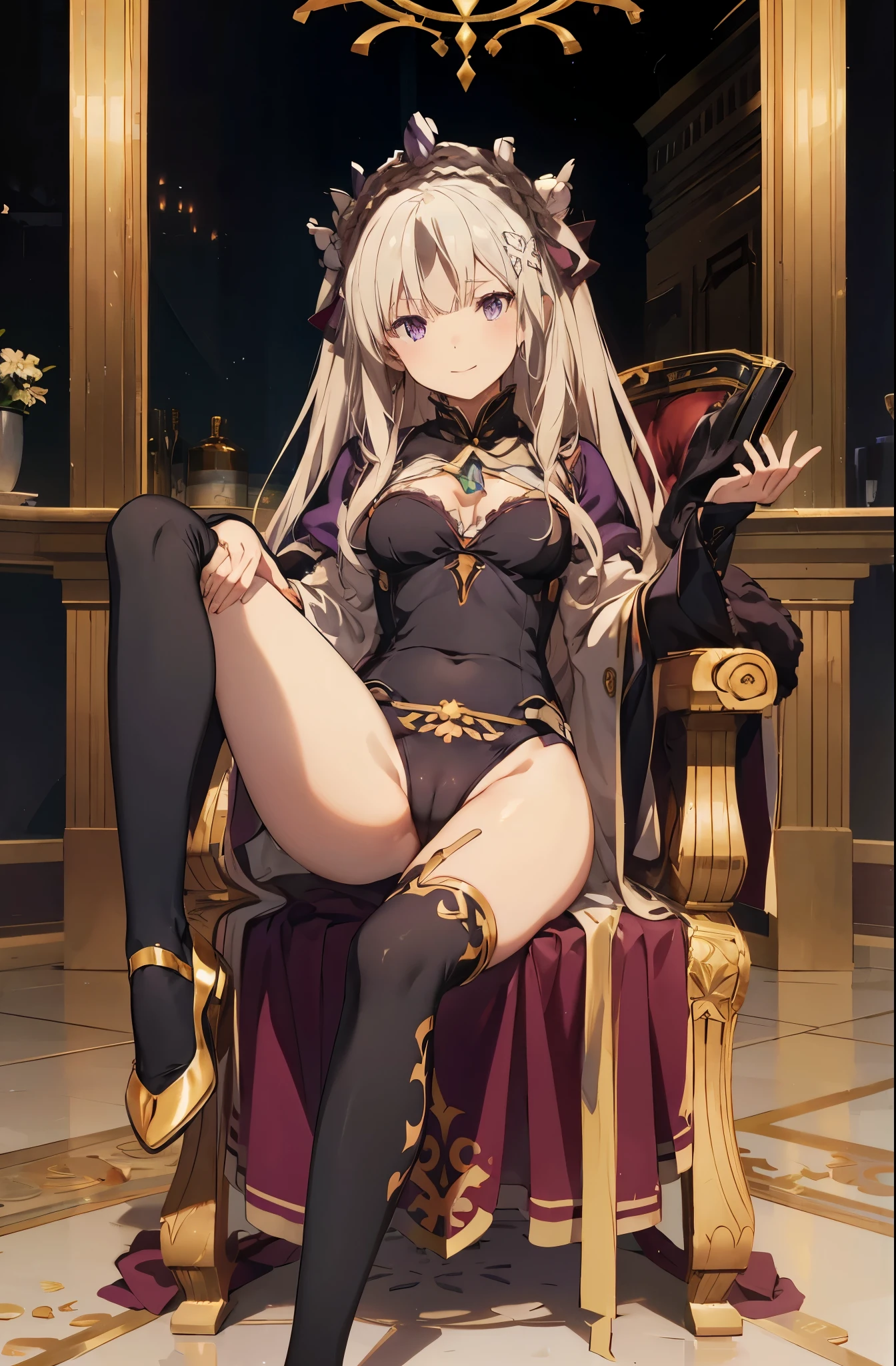 Emilia re:zero, purple eyes, Emilia, crown braid, x hair ornament, flower hair ornament, white hair, long hair, medium breasts, sitting on a chair with legs crossed, looking at viewer with a smile, bodysuit, leotard, cameltoe, 