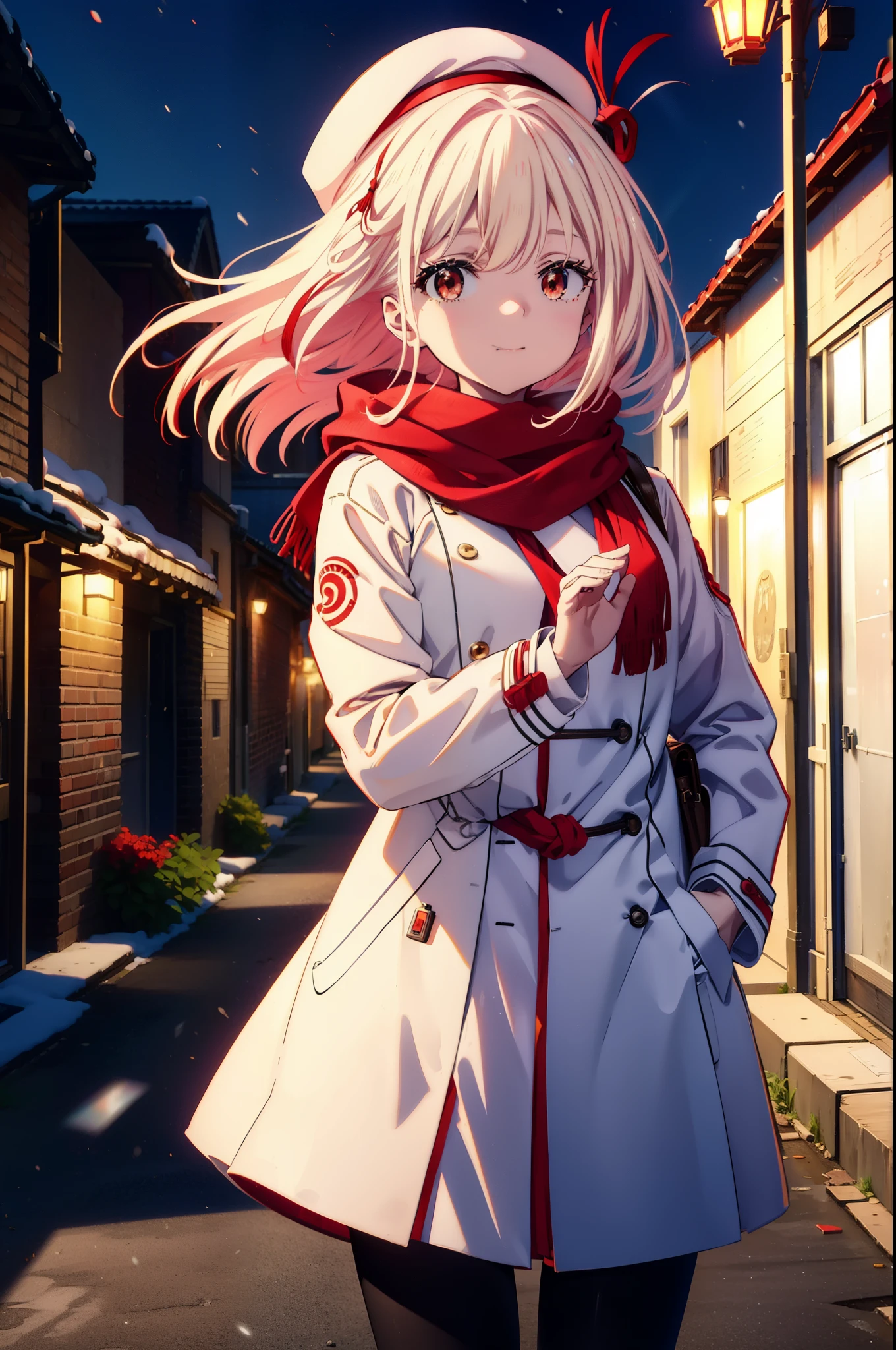 chisatonishikigi, nishikigi chisato,Long Hair , bangs, blonde, (Red eyes:1.5),happy smile, smile, Open your mouth,White knit hat,White Coat,Red Scarf,White Sweater,Hands in coat pockets,Long skirt,Black pantyhose,short boots,Shirogane World,Snow is piling up,it's snowing,it's snowing,winter,Cold Sky,morning,morning陽,The sun is rising,
break looking at viewer, whole body, Upper Body,(Cowboy Shot:1. 5)
break outdoors, c that y,Building Street,
break (masterpiece:1.2), highest qualそれy, High resolution, unそれy 8k wallpaper, (shape:0.8), (Beautiful and beautiful eyes:1.6), Highly detailed face, Perfect lighting, Extremely detailed CG, (Perfect hands, Perfect Anatomy),