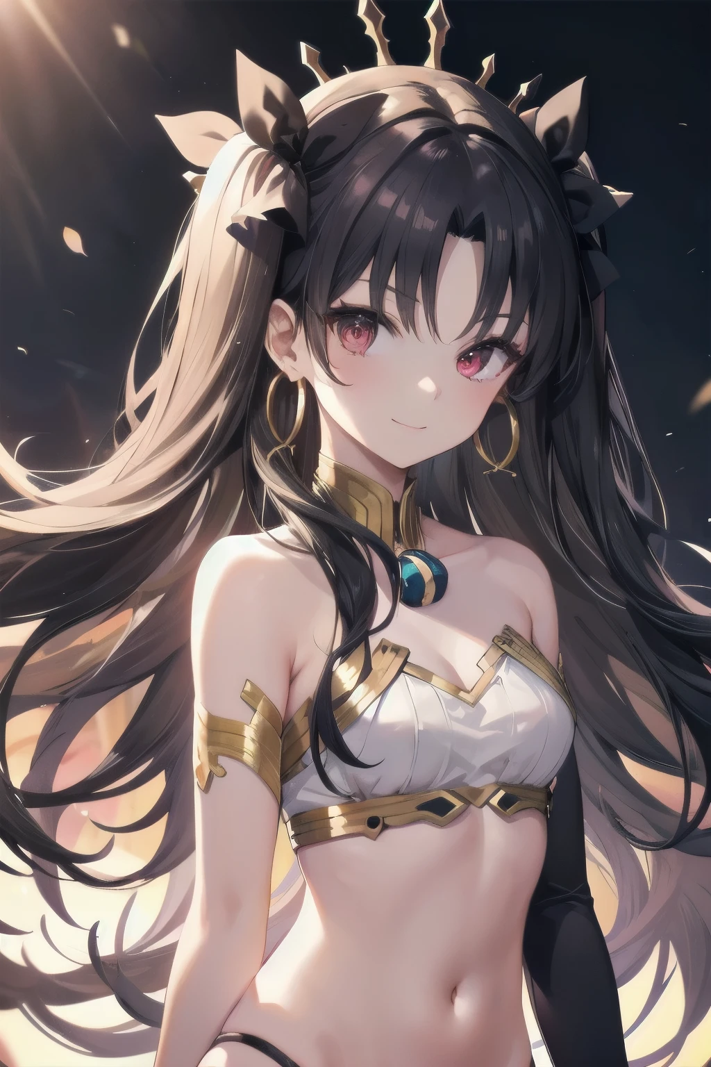 aaishtar, long hair, two side up, hair ribbon, tiara, parted bangs, hoop earrings, jewelry, bare shoulders, neck ring, bikini, single sleeve, detached sleeves, single thighhigh, black thighhighs, 1girl, solo, facing viewer, looking at viewer, upper body, smile.