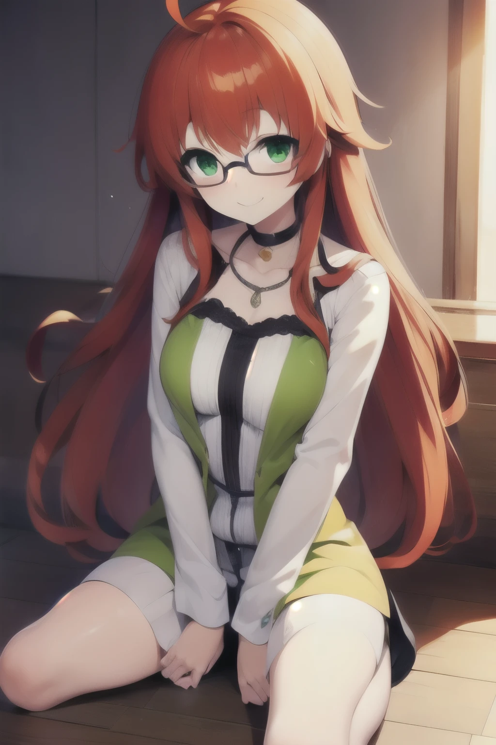 futabatoshiaki,,glasses,middle hair,kinky_hair,orange red hair,green eyes,ahoge,smile