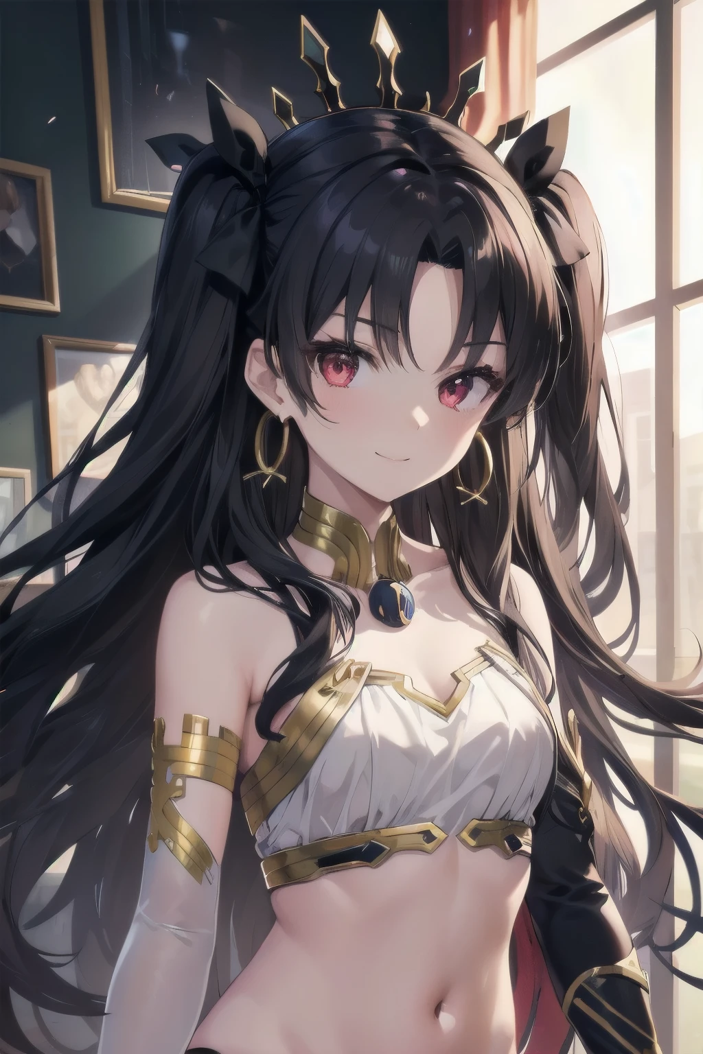 aaishtar, long hair, two side up, hair ribbon, tiara, parted bangs, hoop earrings, jewelry, bare shoulders, neck ring, bikini, single sleeve, detached sleeves, single thighhigh, black thighhighs, 1girl, solo, facing viewer, looking at viewer, upper body, smile.