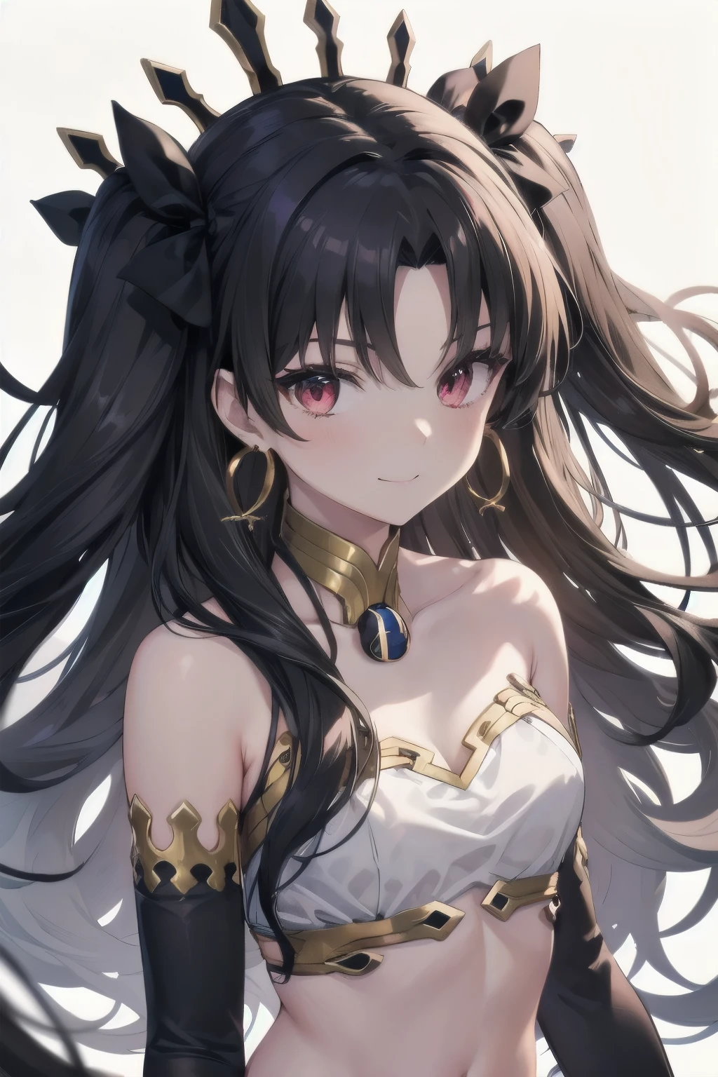 aaishtar, long hair, two side up, hair ribbon, tiara, parted bangs, hoop earrings, jewelry, bare shoulders, neck ring, bikini, single sleeve, detached sleeves, single thighhigh, black thighhighs, 1girl, solo, facing viewer, looking at viewer, upper body, smile.