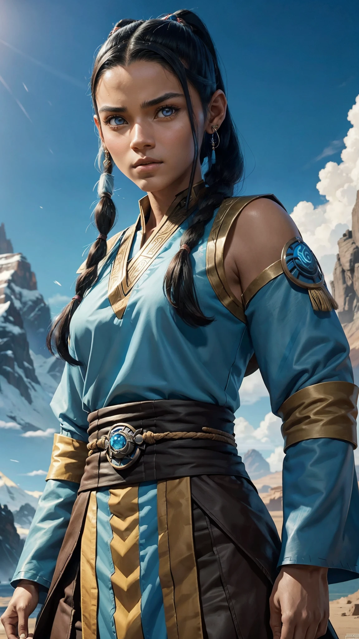 Kiawentiio Tarbell (Katara), identical to the Avatar The Last Airbender Series 2024, always repeat the same face, always repeat the same characteristics, always repeat the same proportions, always repeat the same shapes, totally realistic, totally realistic, extreme quality, high definition
