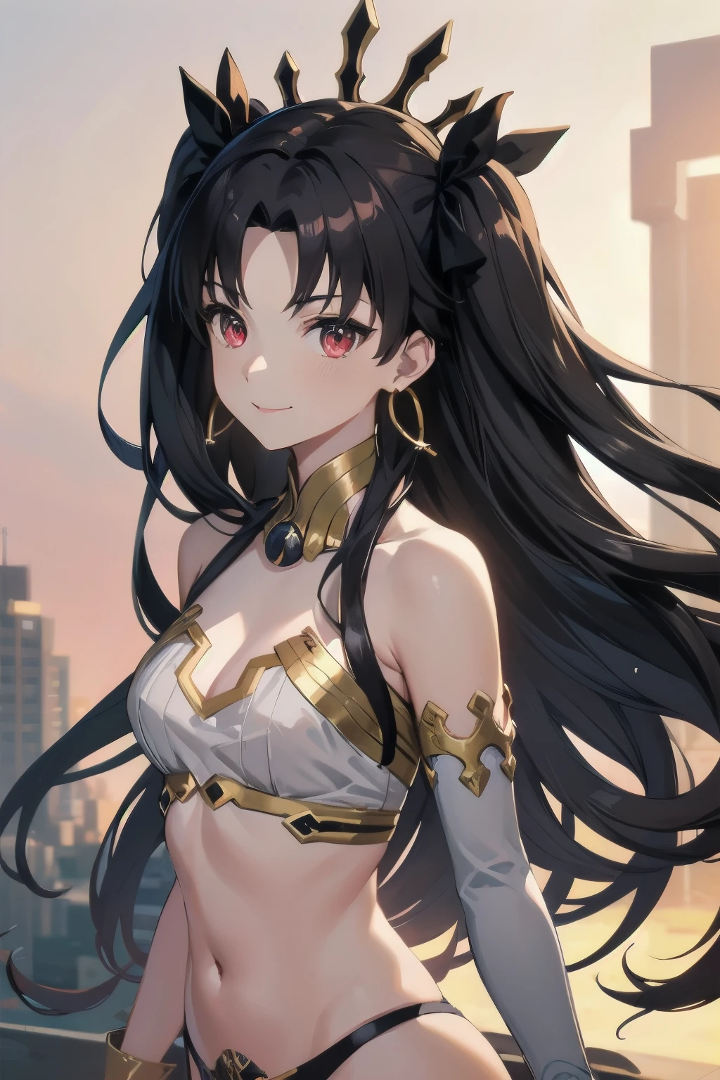 aaishtar, long hair, two side up, hair ribbon, tiara, parted bangs, hoop earrings, jewelry, bare shoulders, neck ring, bikini, single sleeve, detached sleeves, single thighhigh, black thighhighs, 1girl, solo, facing viewer, looking at viewer, upper body, smile.