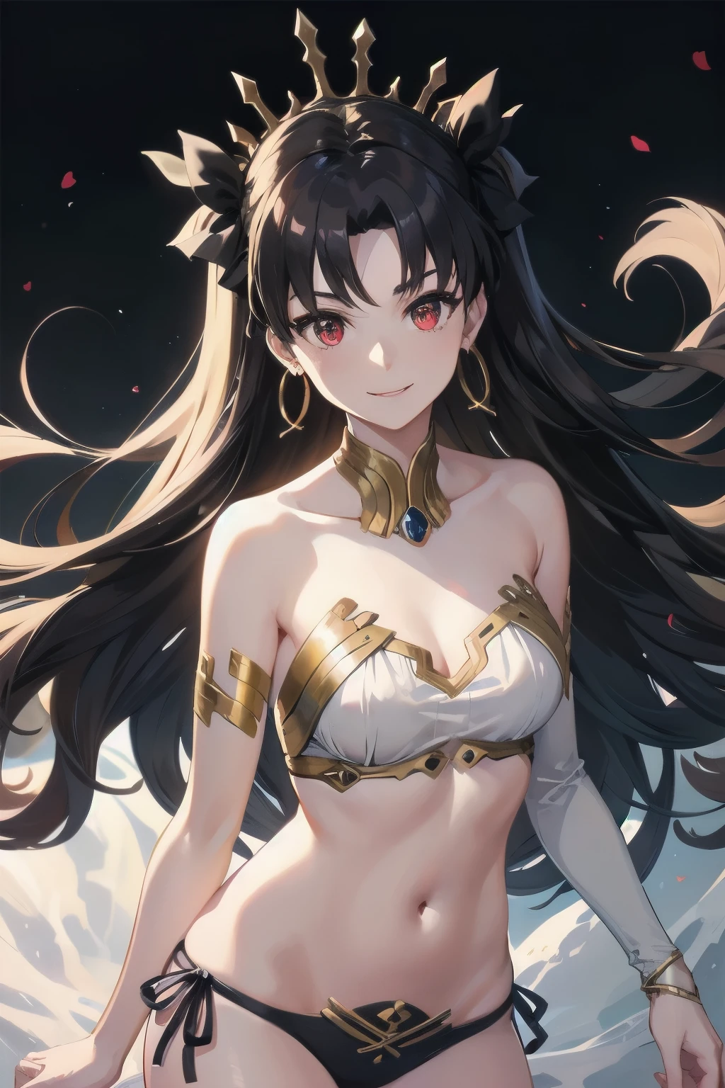 aaishtar, long hair, two side up, hair ribbon, tiara, parted bangs, hoop earrings, jewelry, bare shoulders, neck ring, bikini, single sleeve, detached sleeves, single thighhigh, black thighhighs, 1girl, solo, facing viewer, looking at viewer, upper body, smile.