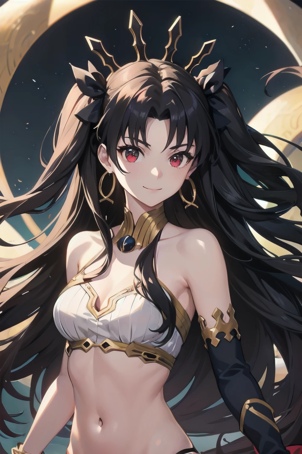 aaishtar, long hair, two side up, hair ribbon, tiara, parted bangs, hoop earrings, jewelry, bare shoulders, neck ring, bikini, single sleeve, detached sleeves, single thighhigh, black thighhighs, 1girl, solo, facing viewer, looking at viewer, upper body, smile.