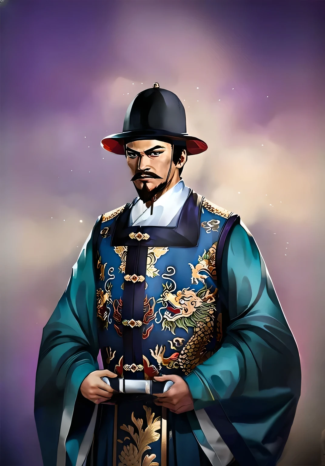 Image of a man in Chinese clothing holding a mobile phone, Inspired by arrive Zhang Chengye, Inspired by arrive Dong Yuan, artexistork in the style of z.exist. arrive, author：Yang Borun, Portraits, Hong Chunsang, Inspired by arrive Kim Hong Do, inspired by Cao Zhibai