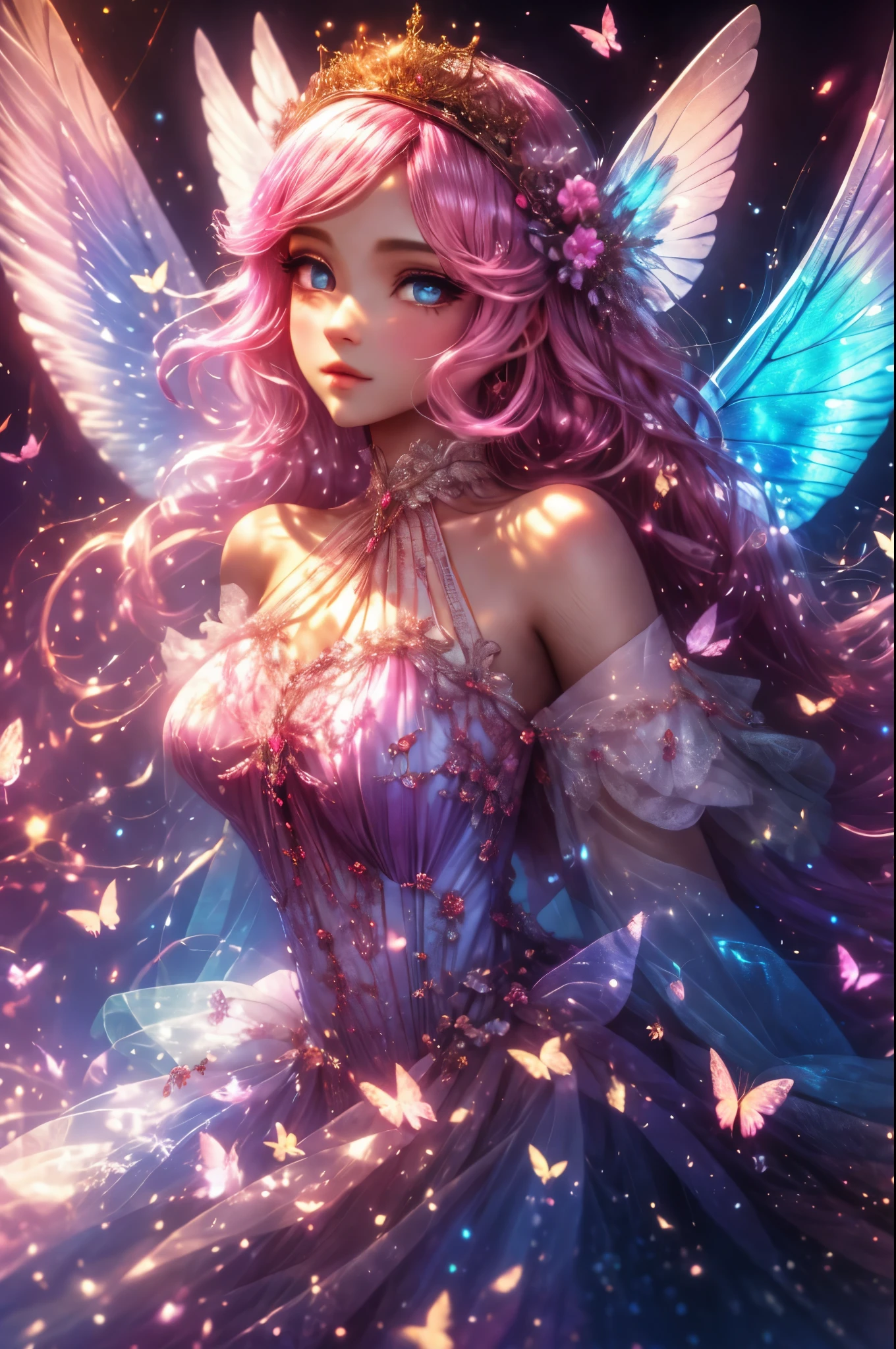 beautiful angel with a dress made of soft gossamer feathers and silk, beautiful iridescent wings, highly detailed wings, head and torso visible, interesting pretty background, fantasy, mythic fantasy, fairytale fantasy, (hires eyes), big eyes, beautiful eyes, shimmering background, 1 woman, 1 face, lots of colorful flying birds and butterflies, (iridescent details), silk and chiffon dress, ultra detailed, adult person, intricate, saturated colors, full lips, big mouth, light pink and dark pink and pink blue color scheme, rich colors, delicate intricate circlet, dynamic and interesting composition, smooth realistic skin texture, (cotton candy fantasy colors and aura), (high neckline), studio lighting