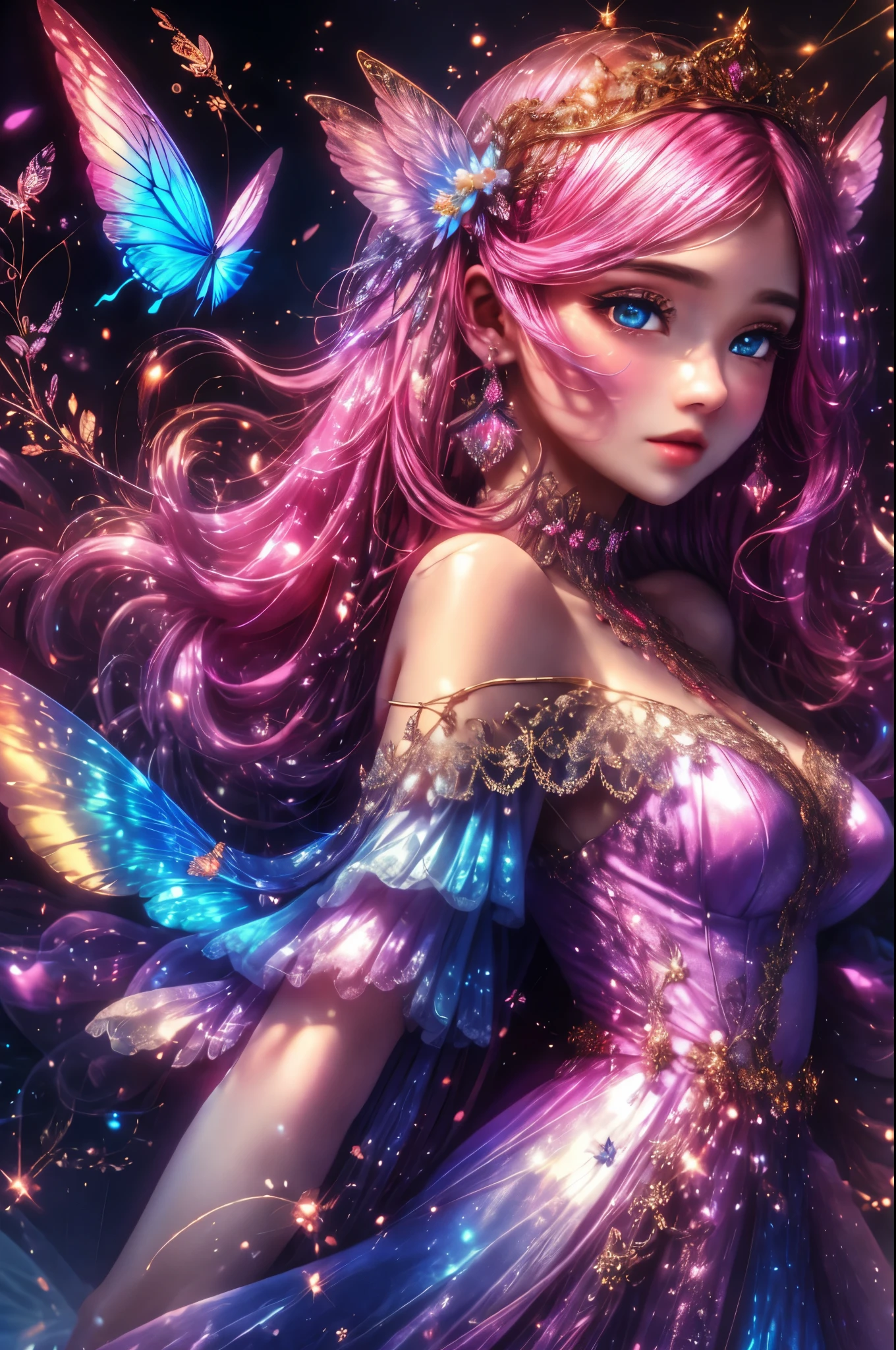 beautiful angel with a dress made of soft gossamer feathers and silk, beautiful iridescent wings, highly detailed wings, head and torso visible, interesting pretty background, fantasy, mythic fantasy, fairytale fantasy, (hires eyes), big eyes, beautiful eyes, shimmering background, 1 woman, 1 face, lots of colorful flying birds and butterflies, (iridescent details), silk and chiffon dress, ultra detailed, adult person, intricate, saturated colors, full lips, big mouth, light pink and dark pink and pink blue color scheme, rich colors, delicate intricate circlet, dynamic and interesting composition, smooth realistic skin texture, (cotton candy fantasy colors and aura), (high neckline), studio lighting