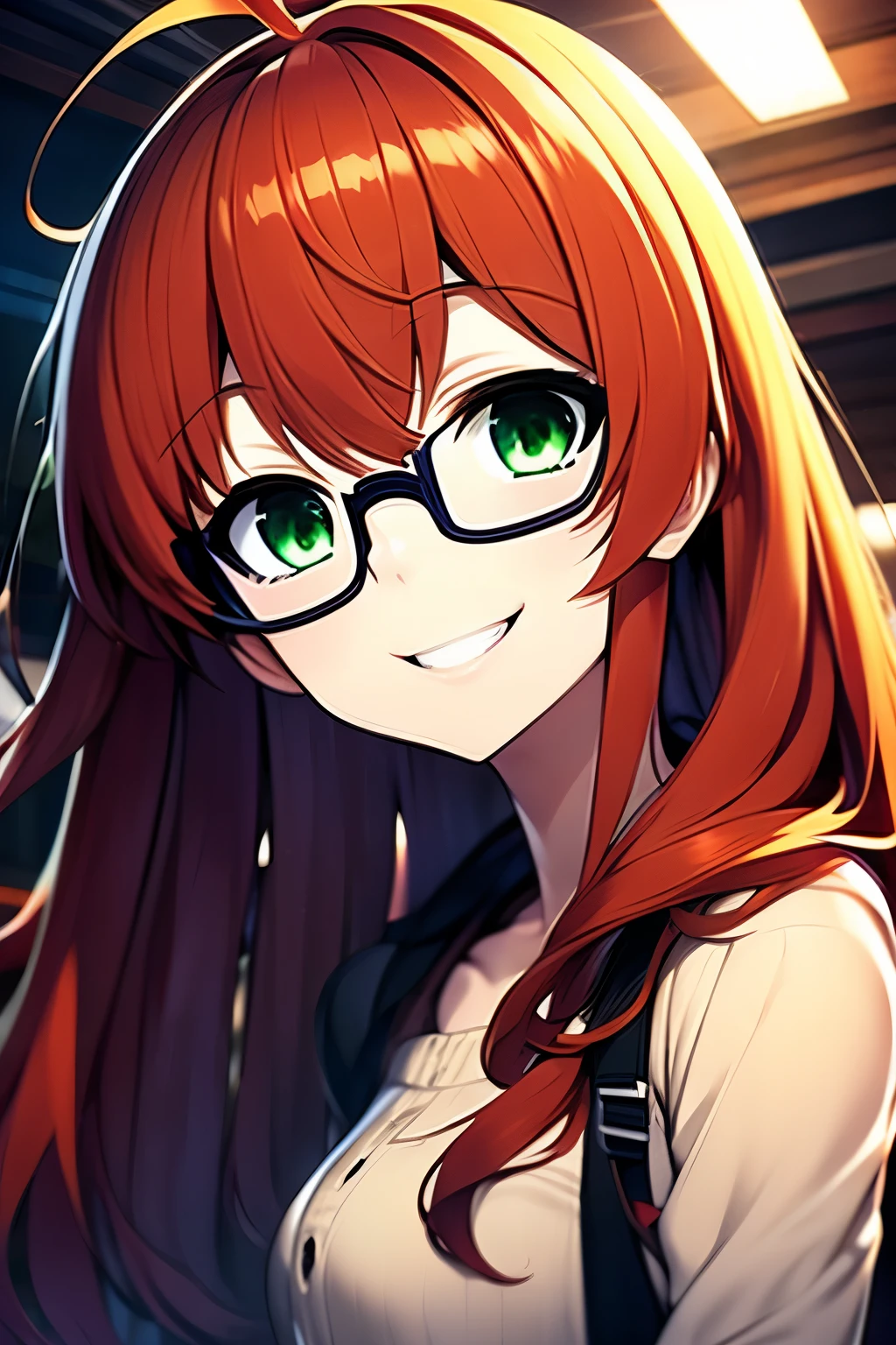 futabatoshiaki,,glasses,middle hair,kinky_hair,orange red hair,green eyes,ahoge,smile