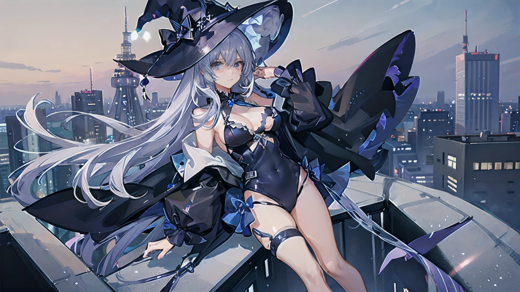 A girl stands on the rooftop of a high-rise building overlooking Tokyo late at night、She has a short bob with a white lob of hair and wears a large black witch hat with sapphire jewelry.、A high school student wearing a white separate swimsuit with a light navy blue ribbon、She wears a large witch's hat with a small sapphire accessory、A few star creams、Beautiful starry sky、Beautiful night view、large witch's hat 、Bikini pants that dig into your belly fat、Small breasts、Plus Size Bikini Tops