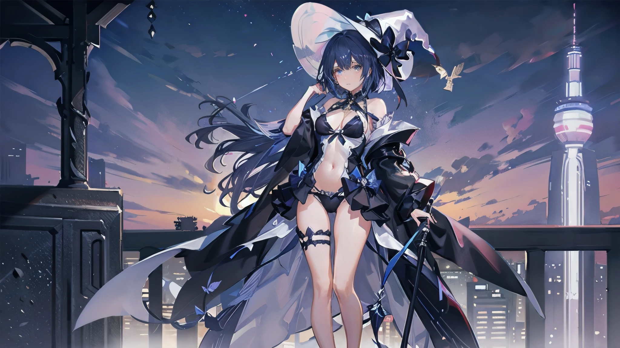 A girl stands on the rooftop of a high-rise building overlooking Tokyo late at night、She has a short bob with a white lob of hair and wears a large black witch hat with sapphire jewelry.、A high school student wearing a white separate swimsuit with a light navy blue ribbon、She wears a large witch's hat with a small sapphire accessory、A few star creams、Beautiful starry sky、Beautiful night view、large witch's hat 、Bikini pants that dig into your belly fat、Small breasts、Plus Size Bikini Tops