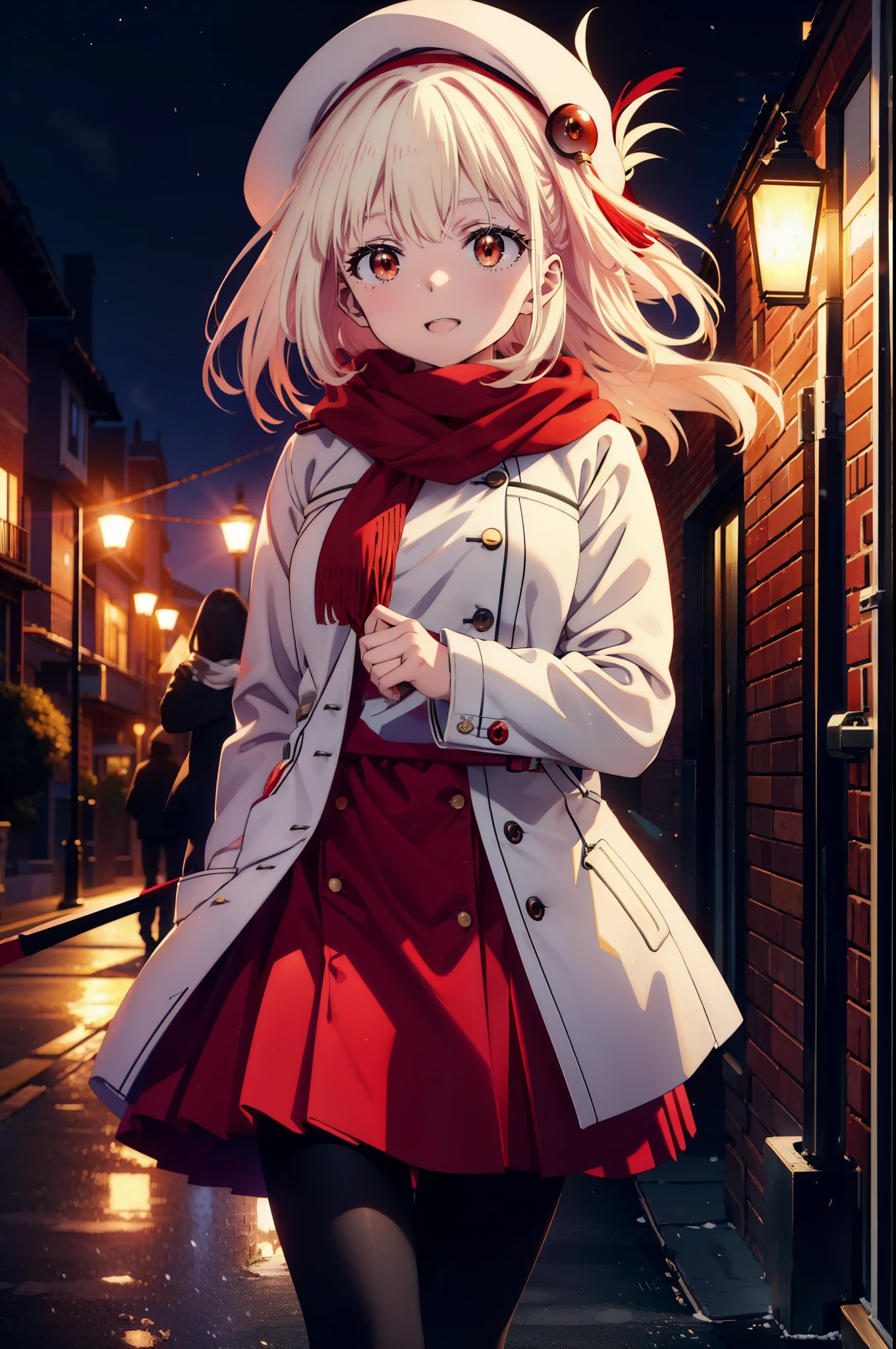 chisatonishikigi, nishikigi chisato,Long Hair , bangs, blonde, (Red eyes:1.5),happy smile, smile, Open your mouth,White knit hat,White Coat,Red Scarf,White Sweater,Hands in coat pockets,Long skirt,Black pantyhose,short boots,Shirogane World,Snow is piling up,it's snowing,it's snowing,winter,Cold Sky,morning,morning陽,The sun is rising,
break looking at viewer, whole body, Upper Body,(Cowboy Shot:1. 5)
break outdoors, c that y,Building Street,
break (masterpiece:1.2), highest qualそれy, High resolution, unそれy 8k wallpaper, (shape:0.8), (Beautiful and beautiful eyes:1.6), Highly detailed face, Perfect lighting, Extremely detailed CG, (Perfect hands, Perfect Anatomy),