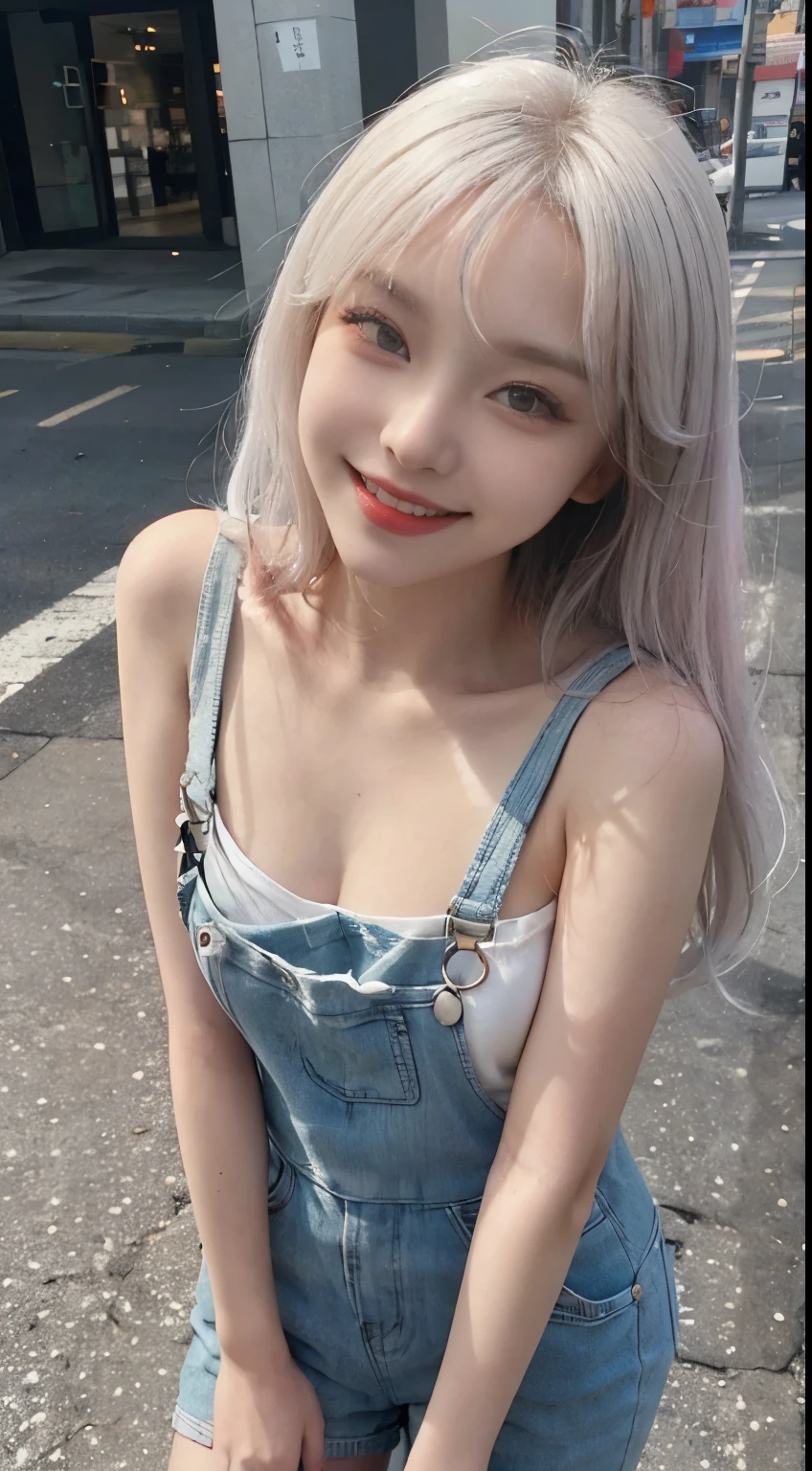 Best image quality、RAW Photos、超A high resolution、21 years old Korean、Small breasts、Dynamic Angle、Cowboy Shot、Chaos in its most beautiful form、elegant、brutalism design、Vibrant colors、Beautiful white hair、Short Bob、smile、fun、smile、Glowing White Skin、Beautiful eyes with random colors、Very thin lips、Beautiful eyes in every detail、length, Narrow eyes、Cheeks are pale pink、length eyelashes、Beautiful double eyelids、eye shadow、Bright white hair、Overalls、city、Photographed from diagonally above、Selfie、Full Body Shot