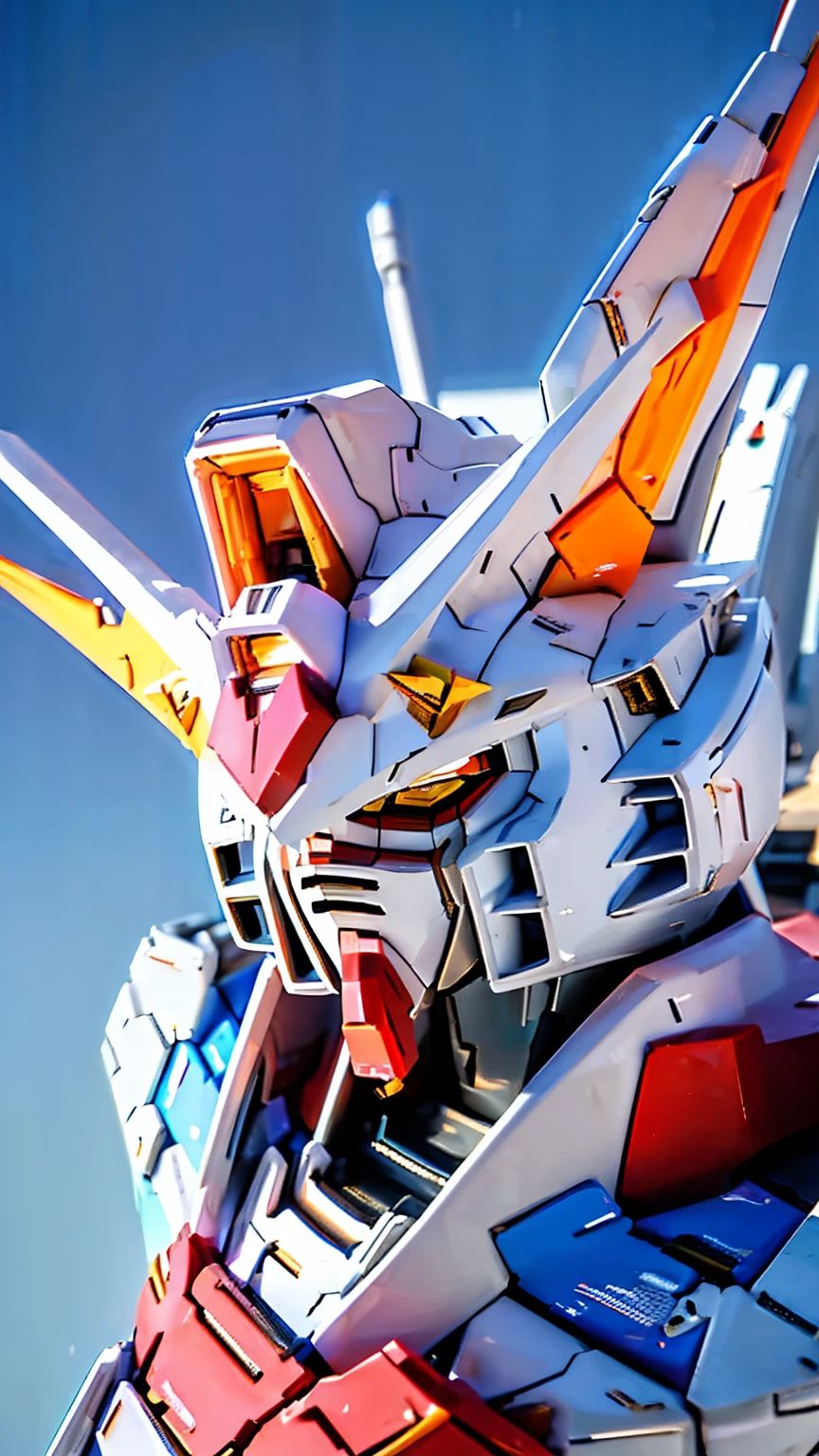 8K quality,(super masterpiece:1.3),highest quality,Detailed Images,1 robot,Symmetrical Gundam,(Two horns on the head),(Blue and white coloring),beam rifle equipment,Wings on your back,(Background,Aerial,Above the Clouds,sun),(Face directly towards the camera,Looking directly at the viewer,looking at the camera,The body faces the viewer,The body is facing the direction of the camera,Face looking straight into the camera).