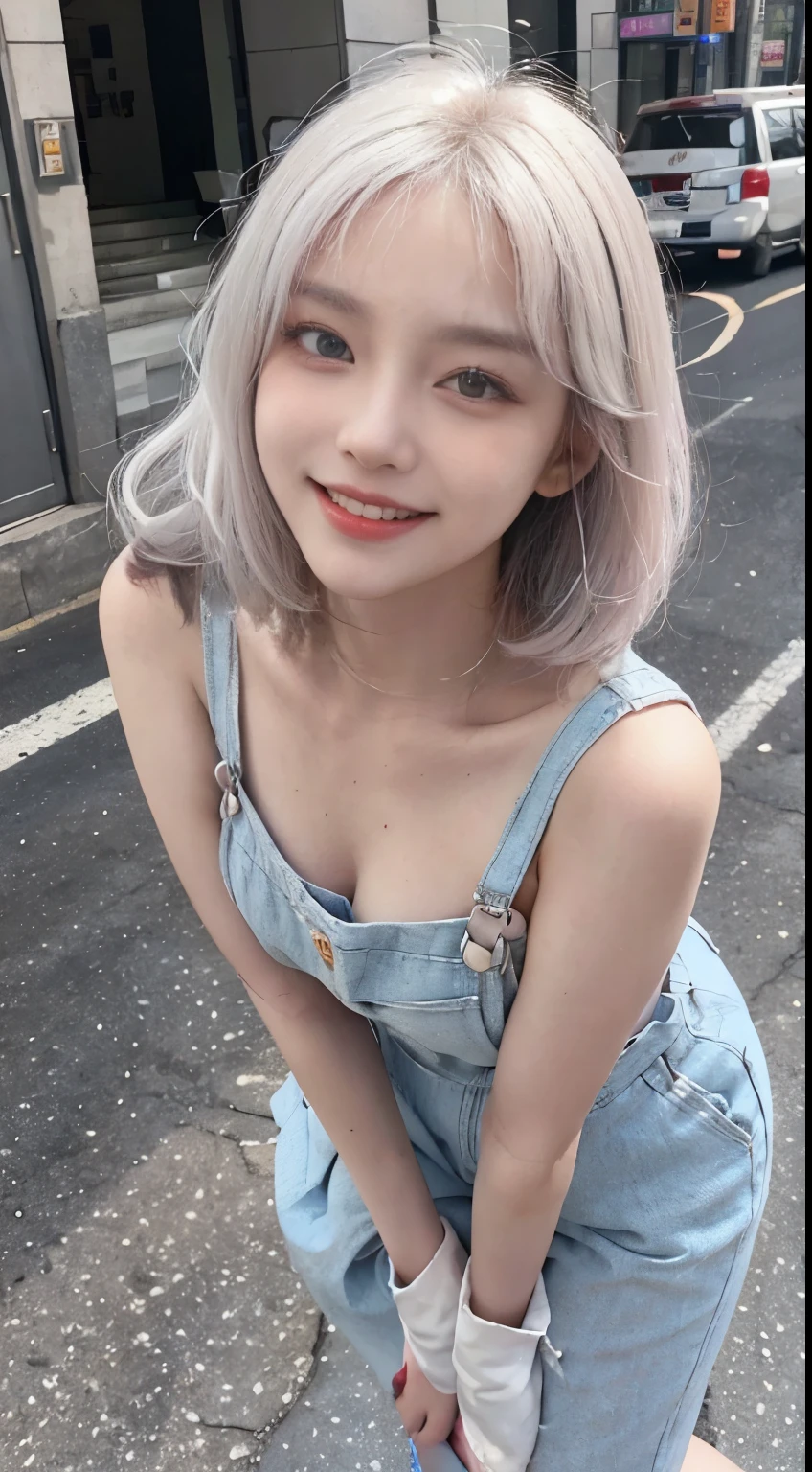 Best image quality、RAW Photos、超A high resolution、21 years old Korean、Small breasts、Dynamic Angle、Cowboy Shot、Chaos in its most beautiful form、elegant、brutalism design、Vibrant colors、Beautiful white hair、Short Bob、smile、fun、smile、Glowing White Skin、Beautiful eyes with random colors、Very thin lips、Beautiful eyes in every detail、length, Narrow eyes、Cheeks are pale pink、length eyelashes、Beautiful double eyelids、eye shadow、Bright white hair、Overalls、city、Photographed from diagonally above、Selfie、Full Body Shot
