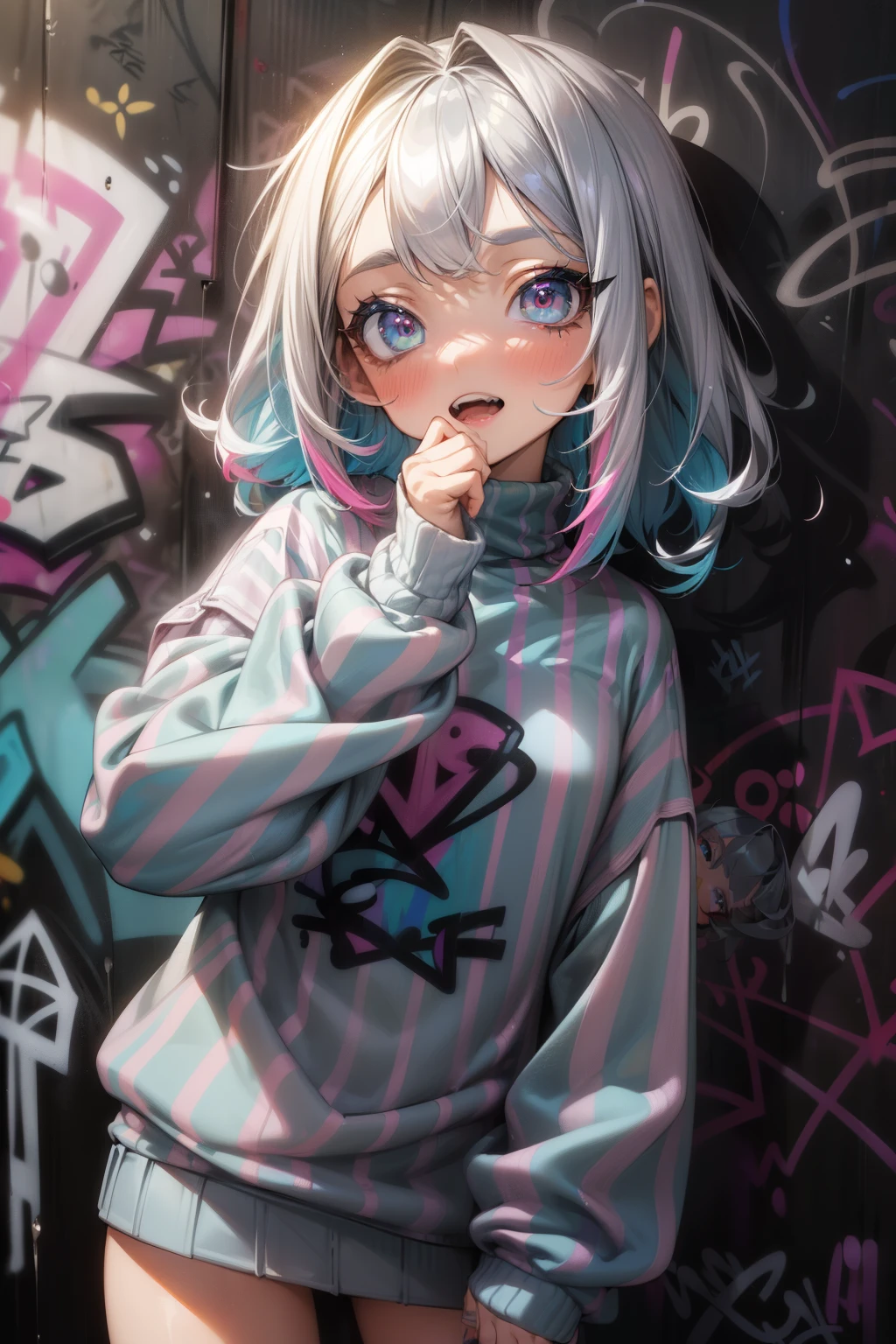 ((Masterpiece)), ((best quality)), (Anime:1.3), (super detail:1.2), (High Definition:1.3), (Professional Photography:1.3), ((12 years old)), cute young Girl, Glossy unruly hair, (loose swept bangs), (silver ash hair), medium hair, big eyes, (Eye bags:1.3), (Long eyelashes), colorful eyes, (evil smile and blush), open mouth, Glossy lips, (jagged teeth), farewell, ((Striped sweatshirt with oversized)), barearms, cute, (Hold the spray can in hand), (colorful:1.3), gothic makeup, (against the graffiti wall:1.5),
