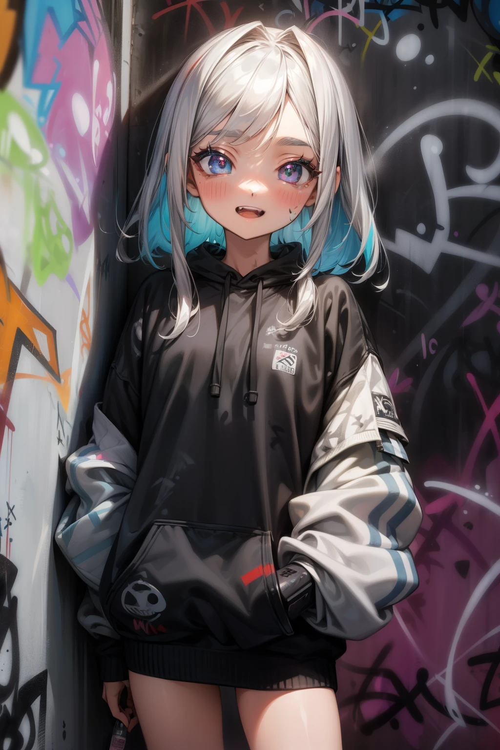 ((Masterpiece)), ((best quality)), (Anime:1.3), (super detail:1.2), (High Definition:1.3), (Professional Photography:1.3), ((12 years old)), cute young Girl, Glossy unruly hair, (loose swept bangs), (silver ash hair), medium hair, big eyes, (Eye bags:1.3), (Long eyelashes), colorful eyes, (evil smile and blush), open mouth, Glossy lips, (jagged teeth), farewell, ((Stubby sweatshirt with horizontal stripes)), barearms, cute, (Hold the spray can in hand), (colorful:1.3), gothic makeup, (against the graffiti wall:1.5),