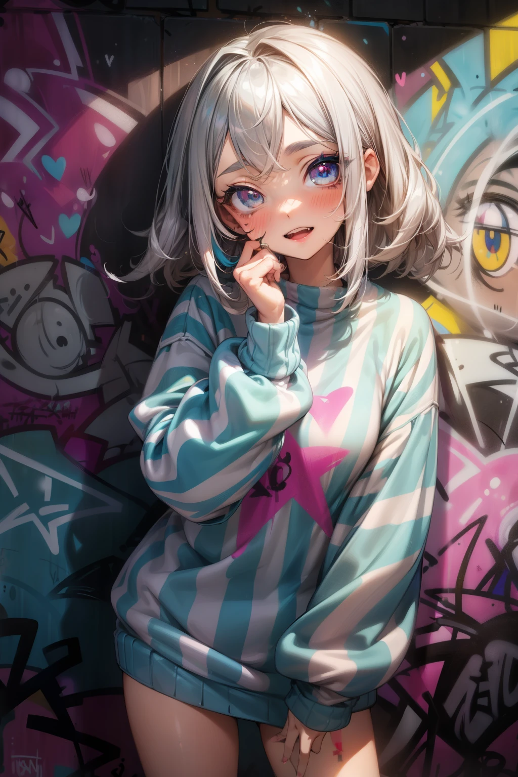 ((Masterpiece)), ((best quality)), (Anime:1.3), (super detail:1.2), (High Definition:1.3), (Professional Photography:1.3), ((12 years old)), cute young Girl, Glossy unruly hair, (loose swept bangs), (silver ash hair), medium hair, big eyes, (Eye bags:1.3), (Long eyelashes), colorful eyes, (evil smile and blush), open mouth, Glossy lips, (jagged teeth), farewell, ((Striped sweatshirt with oversized)), barearms, cute, (Hold the spray can in hand), (colorful:1.3), gothic makeup, (against the graffiti wall:1.5),