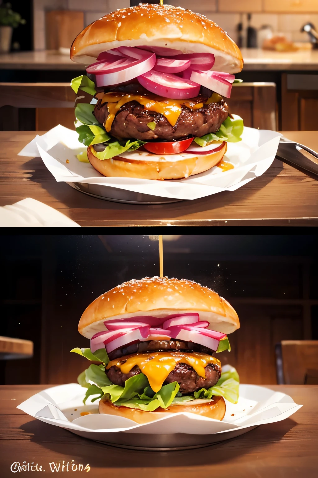 A delectable burger, where the savory aroma wafts through the air, inviting you in for a satisfying bite. Let's delve into the intricate details of this gastronomic masterpiece.
The two meat patties, beautifully seasoned and cooked to perfection, are the stars of this burger. The first patty, juicy and tender, glistens with a golden-brown crust, while the second patty boasts a pinkish hue, oozing with succulent, melt-in-your-mouth flavors. Each bite offers a tantalizing blend of textures, from the crisp exterior to the tender, flavorful interior.