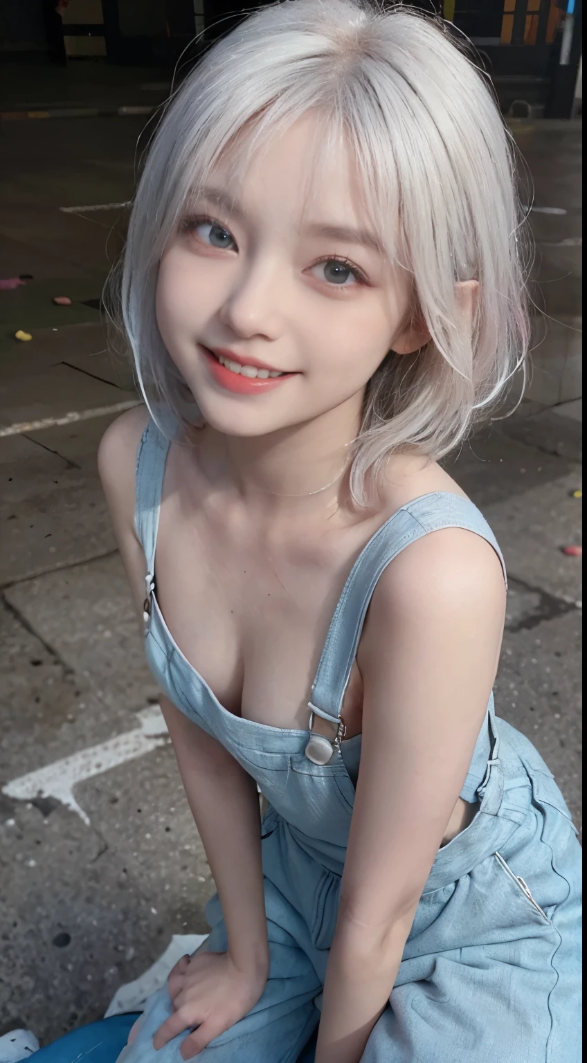 Best image quality、RAW Photos、超A high resolution、21 years old Korean、Small breasts、Dynamic Angle、Cowboy Shot、Chaos in its most beautiful form、elegant、brutalism design、Vibrant colors、Beautiful white hair、Short Bob、smile、fun、smile、Glowing White Skin、Beautiful eyes with random colors、Very thin lips、Beautiful eyes in every detail、length, Narrow eyes、Cheeks are pale pink、length eyelashes、Beautiful double eyelids、eye shadow、Bright white hair、Overalls、city、Photographed from diagonally above、Selfie、Full Body Shot