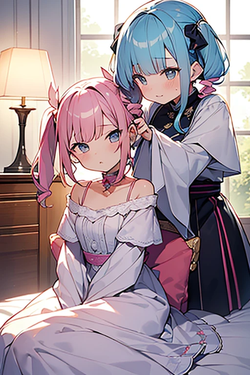 (masterpiece, highest quality, highest quality, Official Art, Cosmetology and aesthetics: 1.2), Fantasy、womanの子、Homosexuals、woman✕２ cute、Light blue hair and pink hair、Twin tails、 Lie down in bed、A little erotic