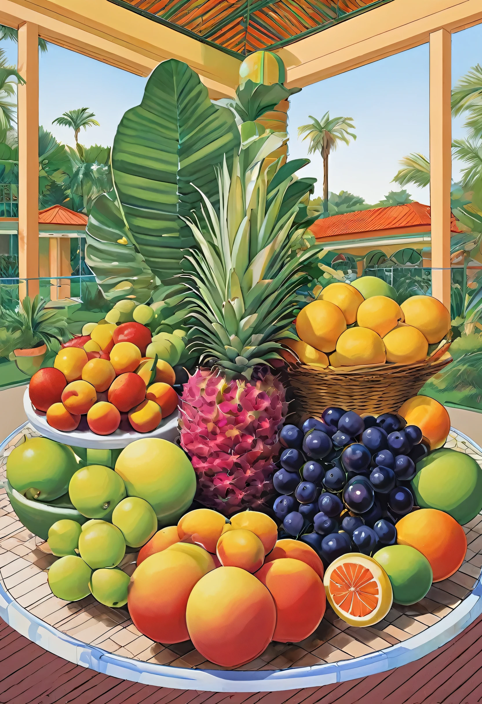 italian fruits, tennis club, and tropical plants overlapping together, symetrical