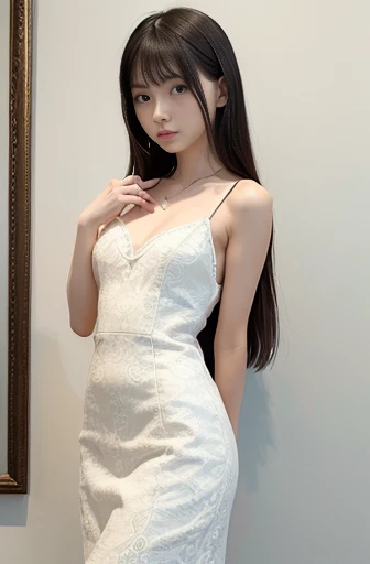 best quality, detailed, beautiful, insanely detailed, absurdres,perfect anatomy,
Japanese female,black hair,27 years old,
(slender),
(small breasts best quality),
art gallery, serious look, walking, white dress, with a painting
