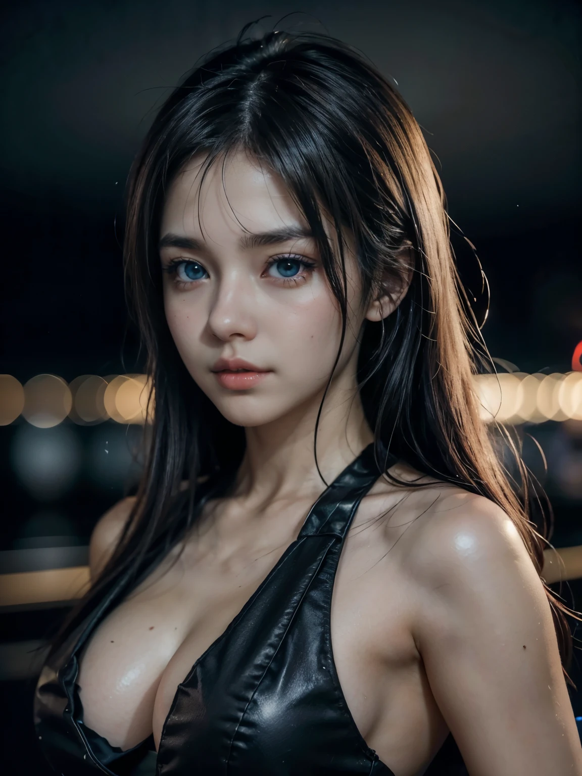 An anime girl posing for photos on a blurred dark background f1.2. Masterpiece, ( Girl Makes Ultra Realistic Cosplay Of A Sexy Anime Character) ultra HD, 8k, photography style, sexy, 100% realistic textures. Cool colors like movie at night, cinematic, best quality, professional realistic photography style.