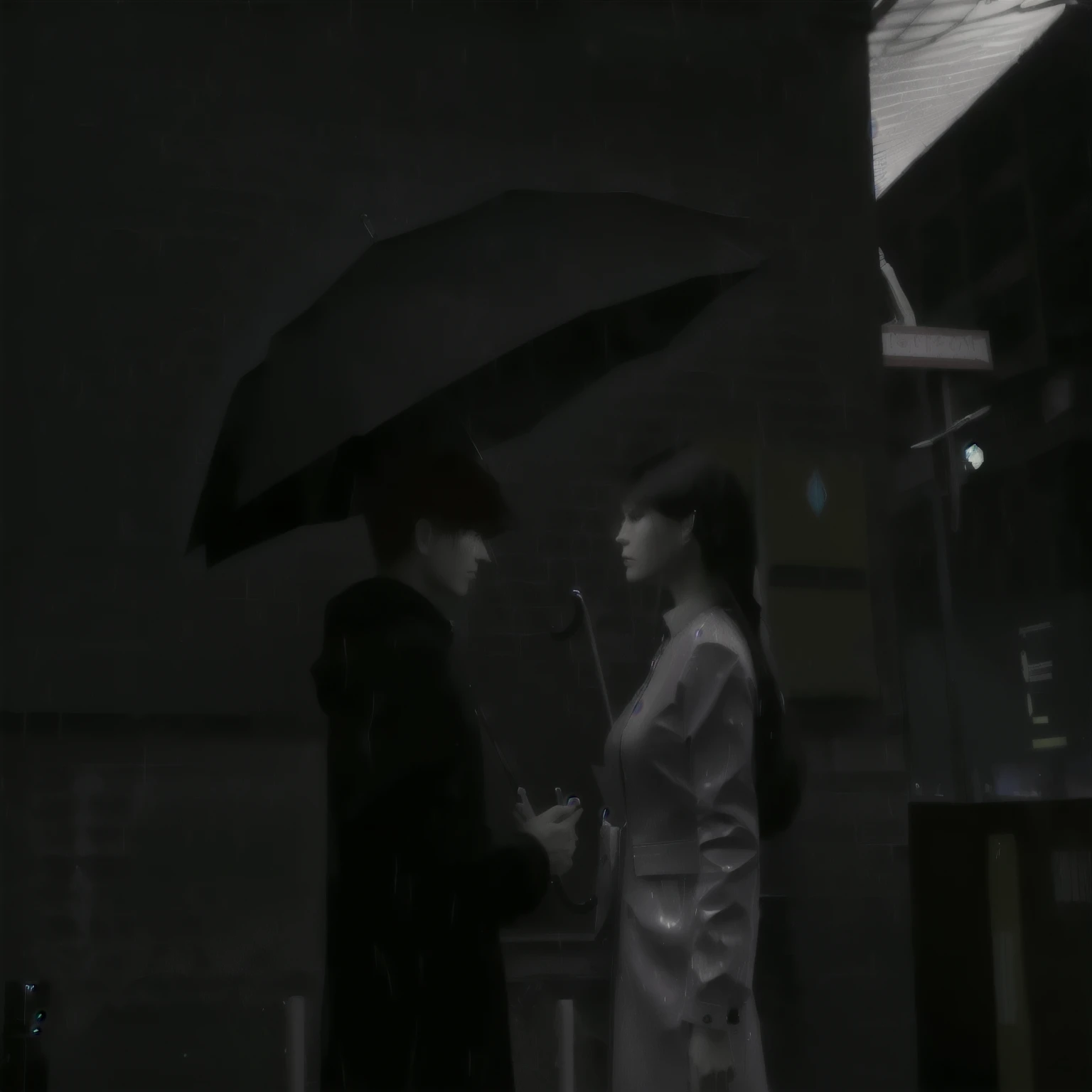 there are two people standing under an umbrella in the rain, realistic