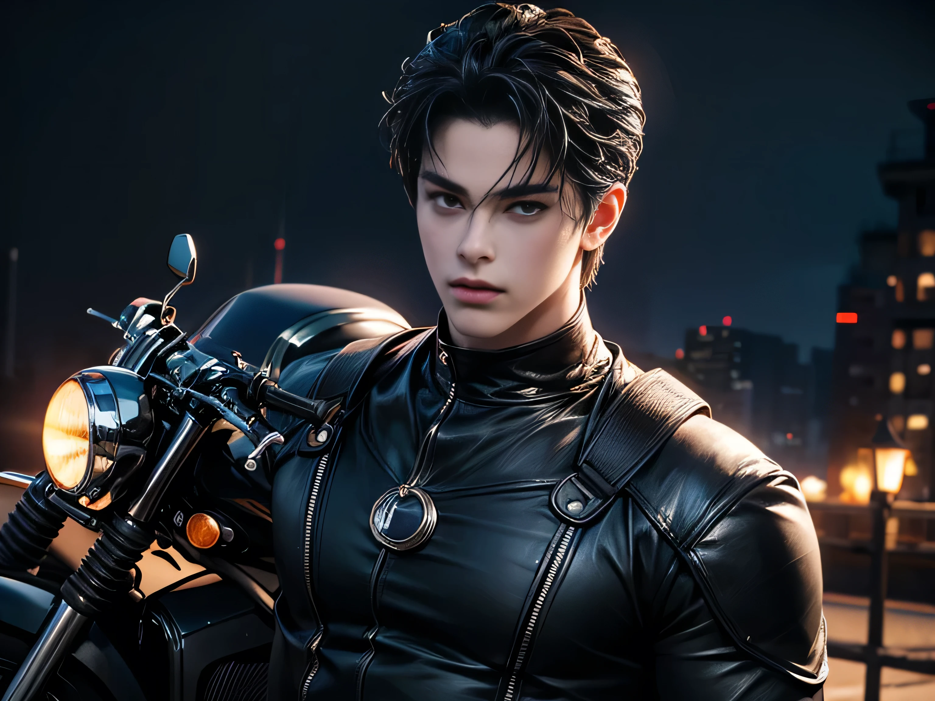 There is a (((full size figure))) young handsome prince with dark eyes, with long soft black hair, Metallic Black clothes, sit down on motorcycle, masterpiece, highest quality, perfect face, high detail, (perfect full face:1.5), (high detail:1.1),(((guy))), (((solo))), night city lights detailed background, realistic, 4k best quality, 8k character details, high quality anime art, high quality illustration, detailed anime wallpapers, detailed anime art, hyper-realistic, elegant, high quality realistic anime art