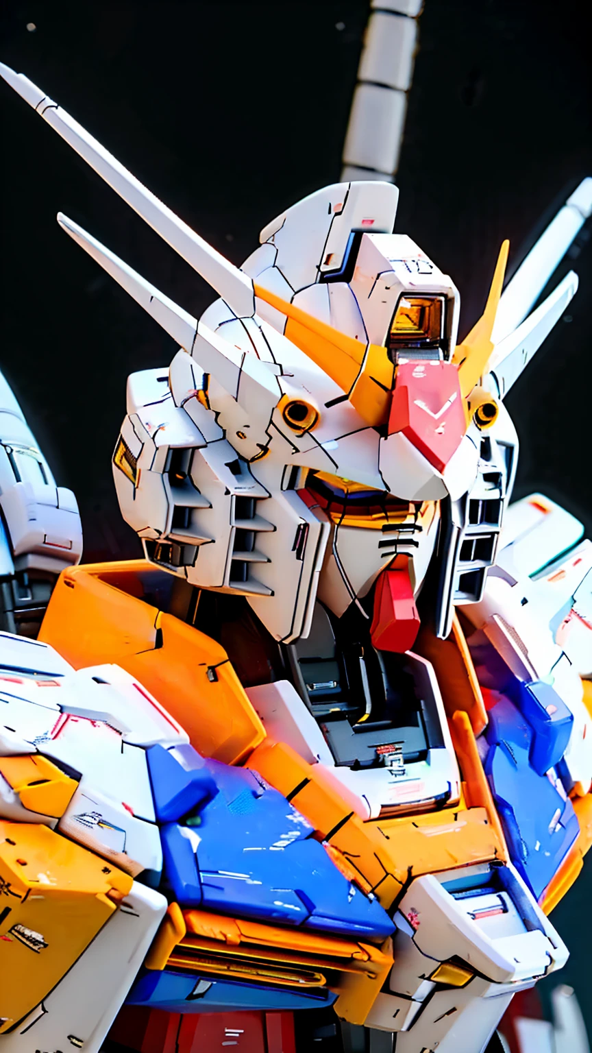 8K quality,(super masterpiece:1.3),highest quality,Detailed Images,Gundam x 1,Symmetrical Gundam,(two horns on the head,),(The antenna is yellow),(body:Blue and white coloring),Holding a weapon in your hands,Wings on your back,(Draw the whole thing:1.0,Whole body image:1.0),(Background,Aerial,Above the Clouds),(Face directly towards the camera,Looking directly at the viewer,looking at the camera,The body faces the viewer,The body is facing the direction of the camera,Face looking straight into the camera). 