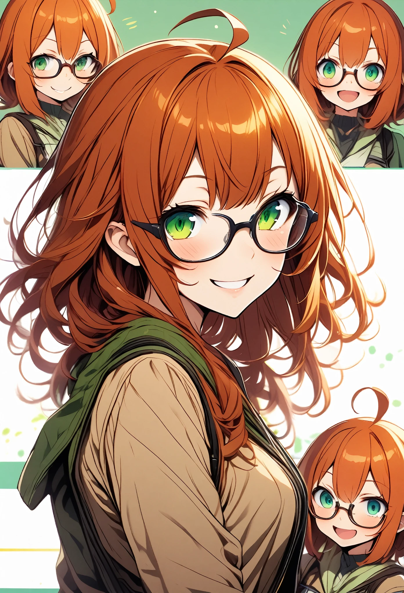 futabatoshiaki,,glasses,middle hair,kinky_hair,orange red hair,green eyes,ahoge,smile