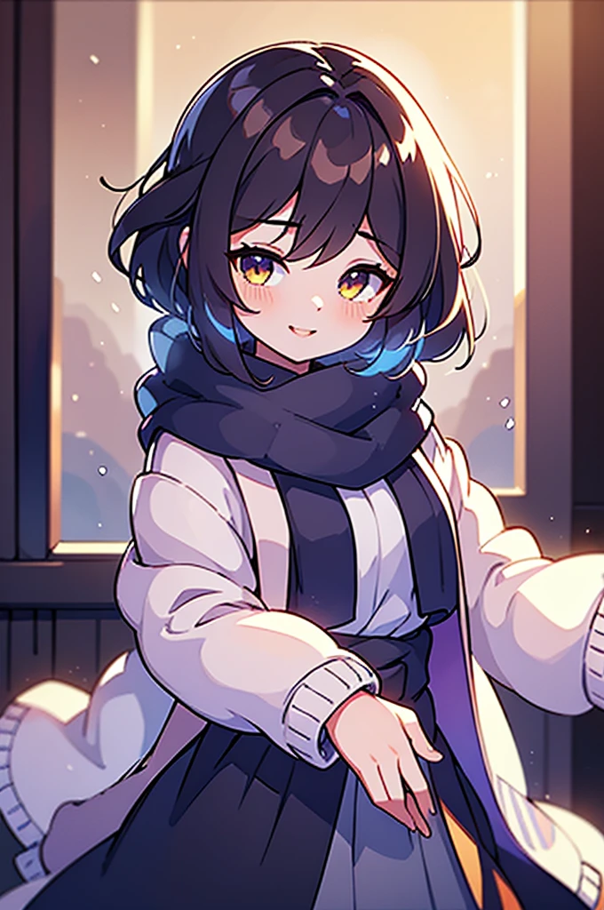 best quality, masterpiece, beautiful and aesthetic, 16K, (HDR:1.4), high contrast, bokeh:1.2, lens flare, (vibrant color:1.4), (muted colors, dim colors, soothing tones:0), cinematic lighting, ambient lighting, sidelighting, Exquisite details and textures, cinematic shot, Warm tone, (Bright and intense:1.2) anime style, Waist-up Side-view, Short Wave dark brown hair, (a lovely smile:1), Indigo bracelet, wearing a white winter jacket and scarf, a beautiful girl, sensual lips, ultra hd, realistic, vivid colors