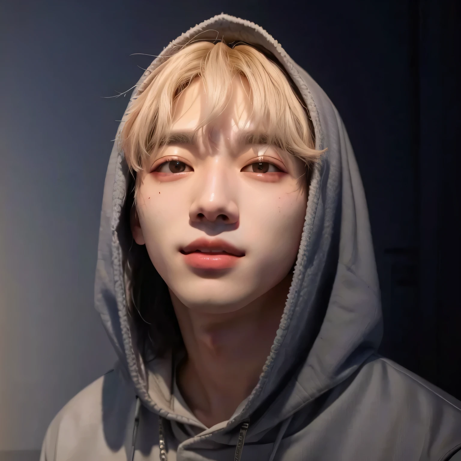 um close up de uma pessoa usando um capuz e um capuz, Jungkook, adorable and pale korean face, Kim Doyoung, cai xukun, accurate Jimin face, Jinyoung Shin, Tae June Kim, inspirado em Kun Can, ironic smile, Taehyung comendo batatas fritas Gucci, Jimin\the right eyelid is swollen, em um moletom, hyung tae