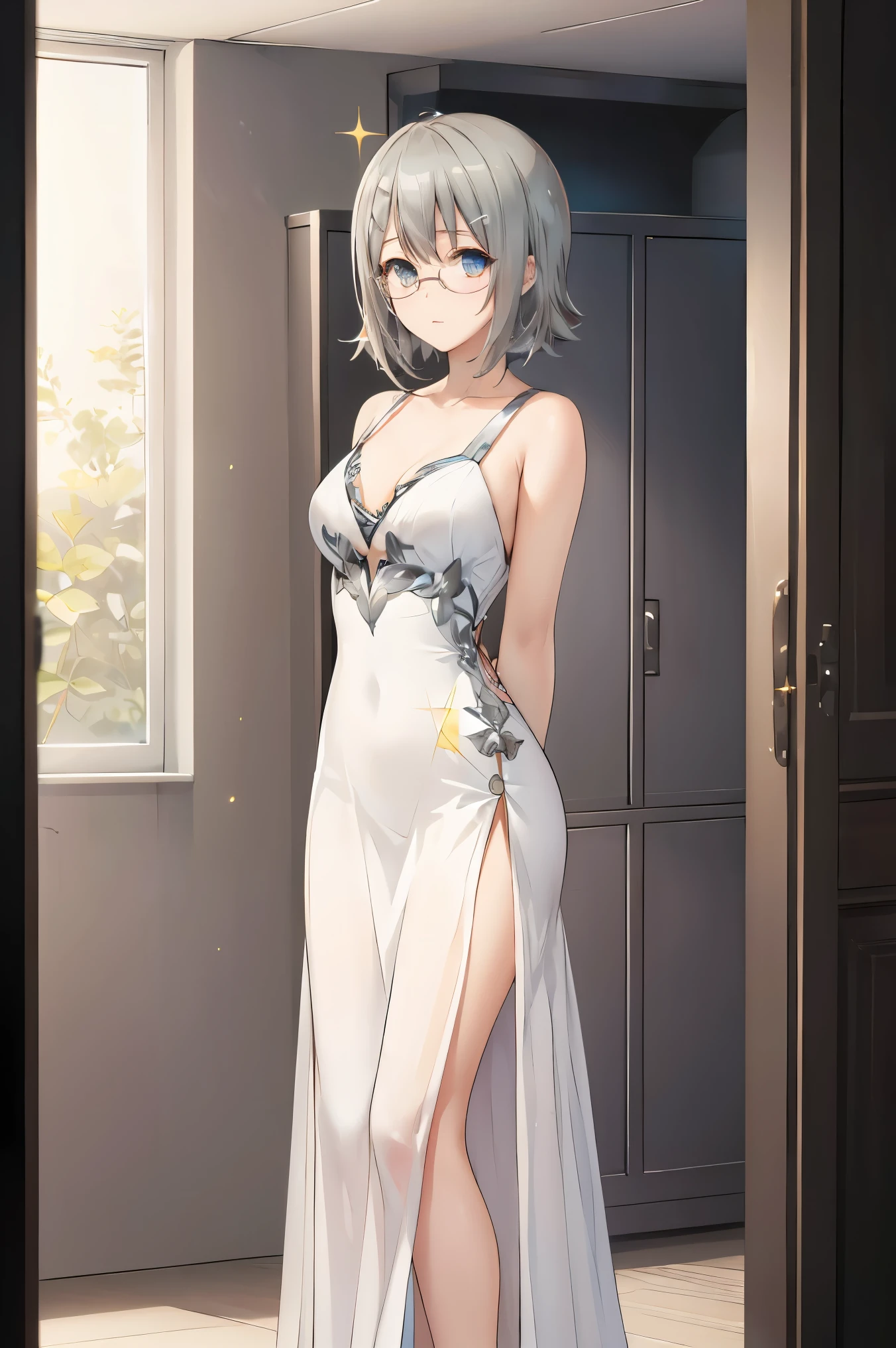 yorihime nao, glasses, hairclip,((black hair:1.5)),
BREAK ((silver glittery evening dress:1.5))
BREAK changing room, lockers,
BREAK facing viewer, standing,arms behind back,
BREAK (masterpiece:1.2), best quality, high resolution, unity 8k wallpaper, (illustration:0.8), (beautiful detailed eyes:1.6), extremely detailed face, perfect lighting, extremely detailed CG, (perfect hands, perfect anatomy),