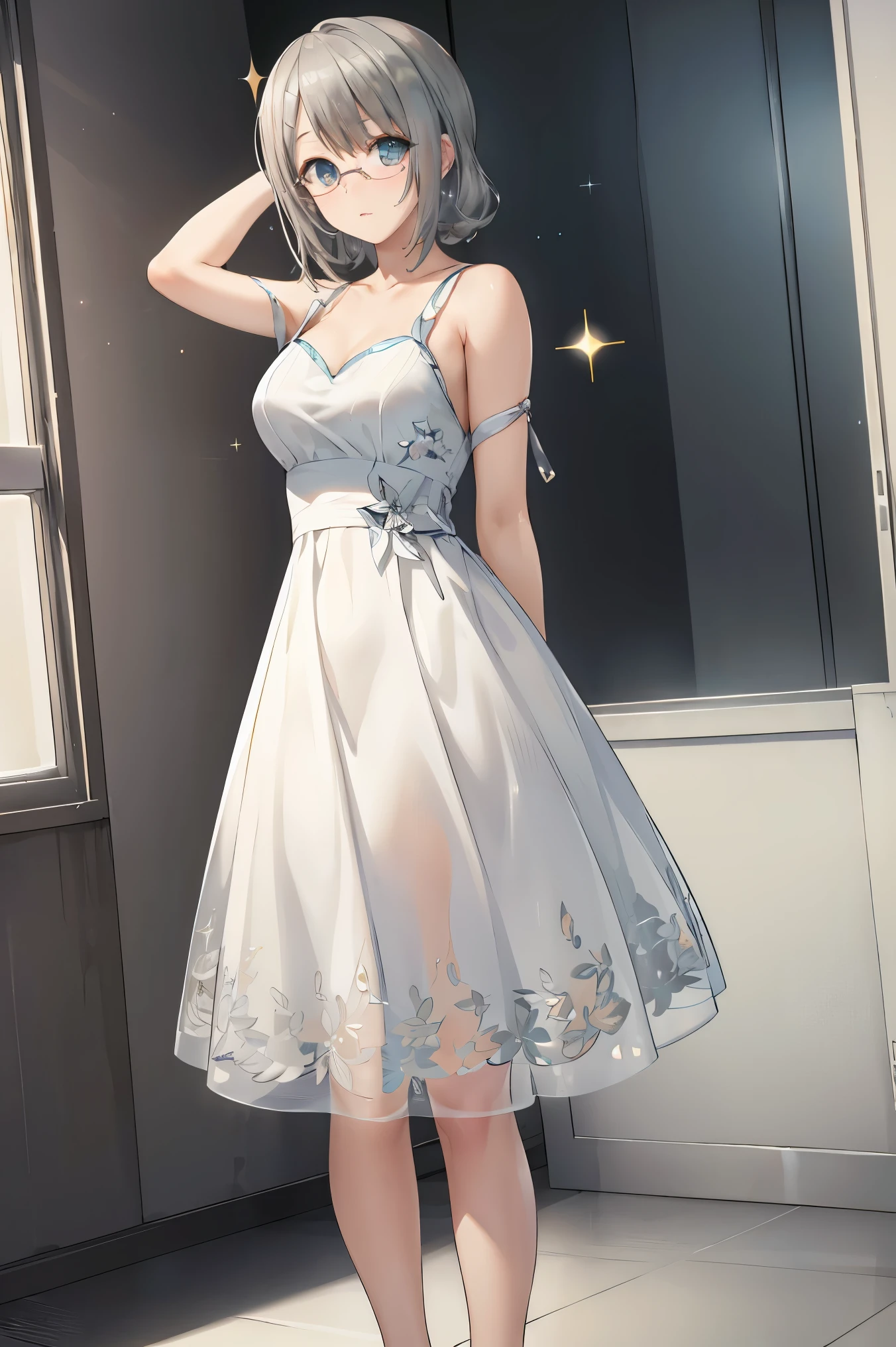 yorihime nao, glasses, hairclip,
BREAK ((silver glittery evening dress:1.5))
BREAK changing room, lockers,
BREAK facing viewer, standing,arms behind back,
BREAK (masterpiece:1.2), best quality, high resolution, unity 8k wallpaper, (illustration:0.8), (beautiful detailed eyes:1.6), extremely detailed face, perfect lighting, extremely detailed CG, (perfect hands, perfect anatomy),