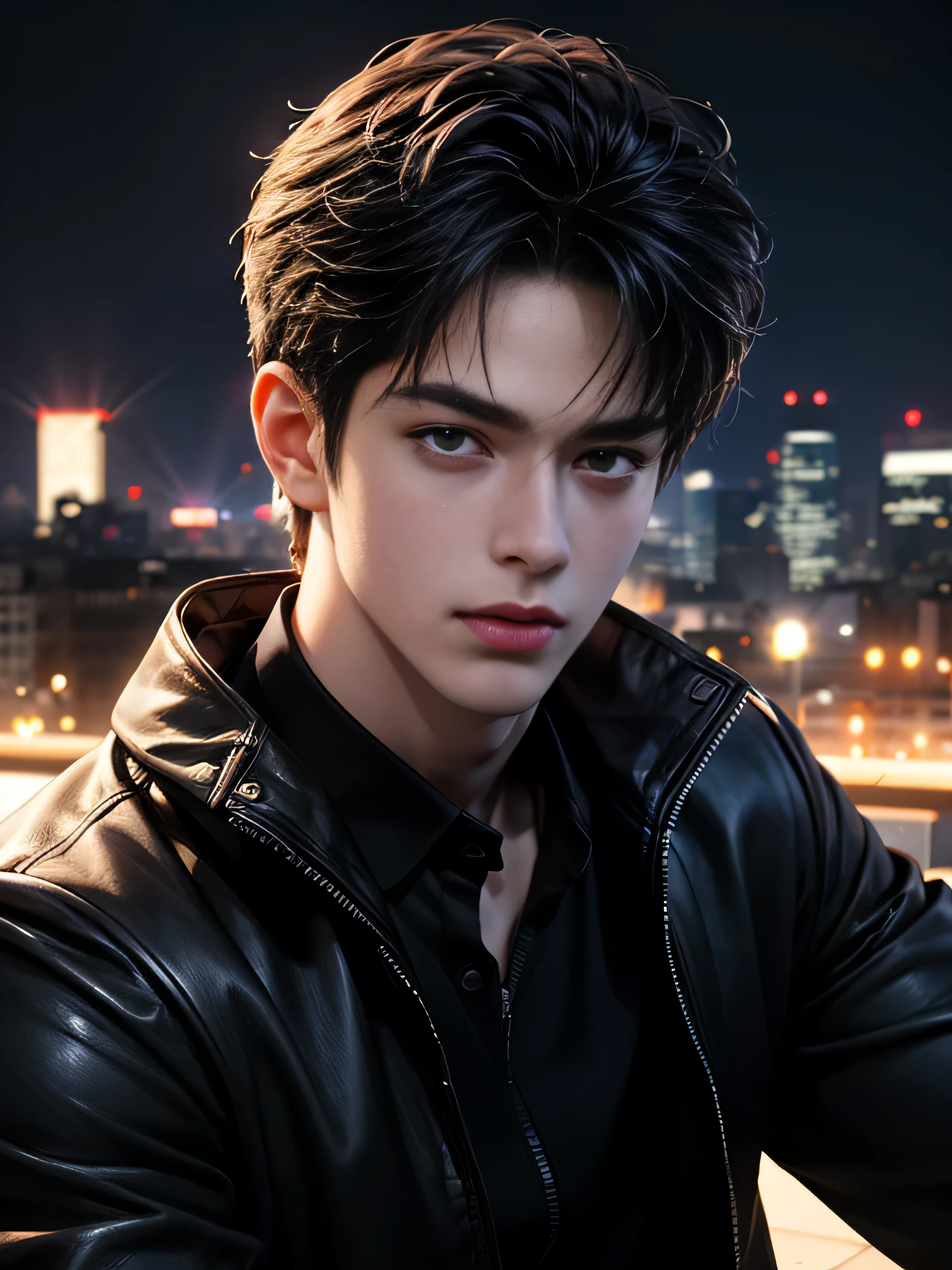 There is a (((full size figure))) young handsome prince with dark eyes, with long soft black hair, Metallic Black clothes, sit down on motorcycle, masterpiece, highest quality, perfect face, high detail, (perfect full face:1.5), (high detail:1.1),(((guy))), (((solo))), night city lights detailed background, realistic, 4k best quality, 8k character details, high quality anime art, high quality illustration, detailed anime wallpapers, detailed anime art, hyper-realistic, elegant, high quality realistic anime art