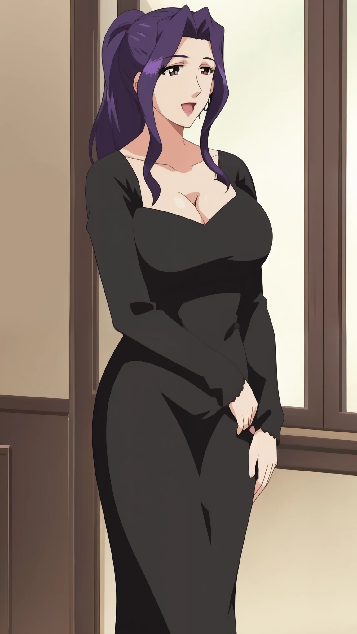 1girl, solo, long hair, large breasts, cleavage, brown eyes, ponytail, purple hair, black dress, ,  , mature female, widow, :d, (masterpiece: 1.0), (best_quality: 1.0), 