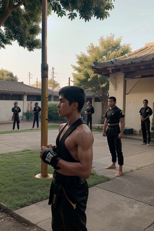 Young fighters are given tasks that require a lot of skill to complete., An outdoor martial arts arena is waiting for age fighters who have come from various countries around the world, A Large Group of Young Martial Arts Fighters Gathered in an Outdoor Courtyard Decked in Martial Arts Cultural Flags, bronze black gold statues are adorning the entire environment, young people are talking to each other. Ah on the scene teenboys and girls. They are dressed in their respective clan uniforms..
