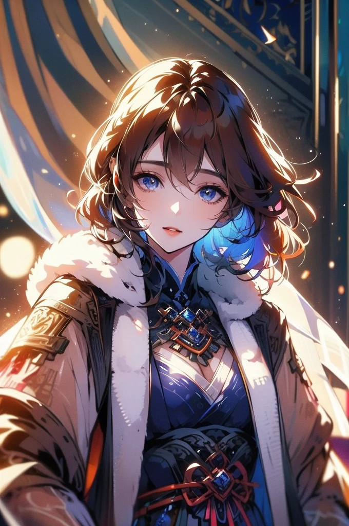 best quality, masterpiece, beautiful and aesthetic, 16K, (HDR:1.4), high contrast, bokeh:1.2, lens flare, (vibrant color:1.4), (muted colors, dim colors, soothing tones:0), cinematic lighting, ambient lighting, sidelighting, Exquisite details and textures, cinematic shot, Warm tone, (Bright and intense:1.2) anime style, Waist-up Side-view, Short Wave dark brown hair, (a lovely smile:1), Indigo bracelet, wearing a white winter jacket and scarf, a beautiful girl, sensual lips, ultra hd, realistic, vivid colors