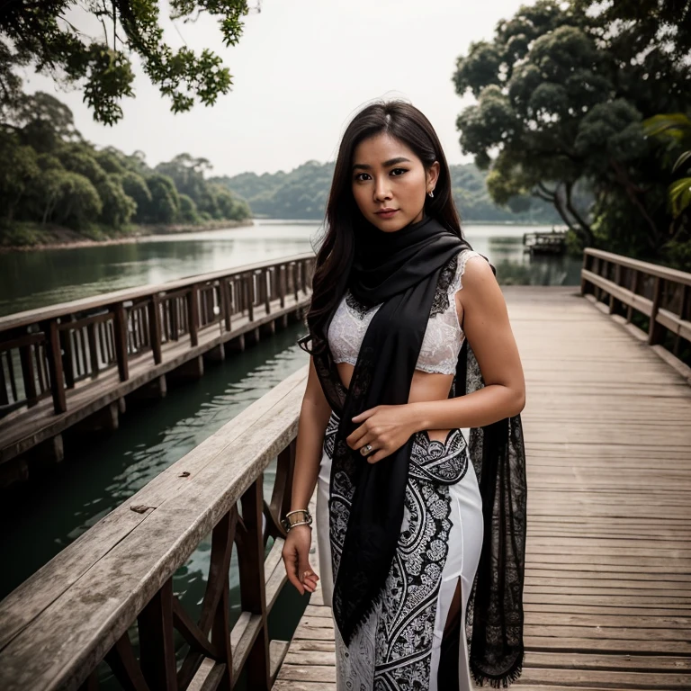 The fourth set was a breathtaking white Kebaya with intricate black lace detailing. Tina paired it with a black sarong and a black and white batik scarf. In this pose, she stood on a wooden bridge overlooking the river, her hands holding the scarf as she looked down at the water, her eyes filled with wonder.
