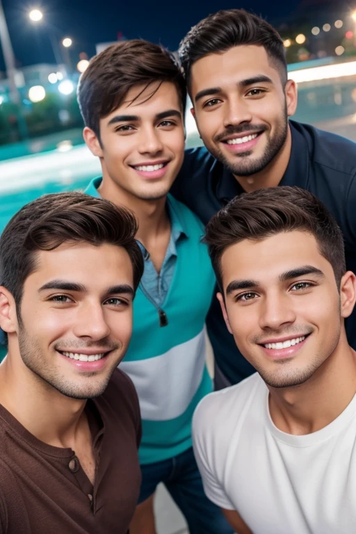 friends male group highlights wearing a casual clothes smiling, young man with beautiful face, 30 years old, handsome attractive face, smiling male, attractive male, attractive man, attractive young man, beautiful young man, portrait of beautiful young man, perfect handsome face, handsome young man, lean man with light white skin, beautiful male face, handsome male, smiling man, cute young man 5 people, 5 people handsomes, Casual clothes, A hyper-realistic, Smiling expression, night city hiquality, Friends group, smile, light smile, wavy hair, sad smile, horrified, best quality  Realistic, Post-processing, maximum details, roughness, real life, ultra realistic, Photorealism, photography, 8k UHD, aqua eyes, brown hair, smile, facial hair, light smile, aqua eyes, Nikon, Canon, Fujifilm, first-person view, pov, Canon, Nikon, Sony FE, first-person view, pov, Sony FE, Surrealism, first-person view, pov, wide shot, Surrealism, HD, 4K, 8k, high quality, 16k