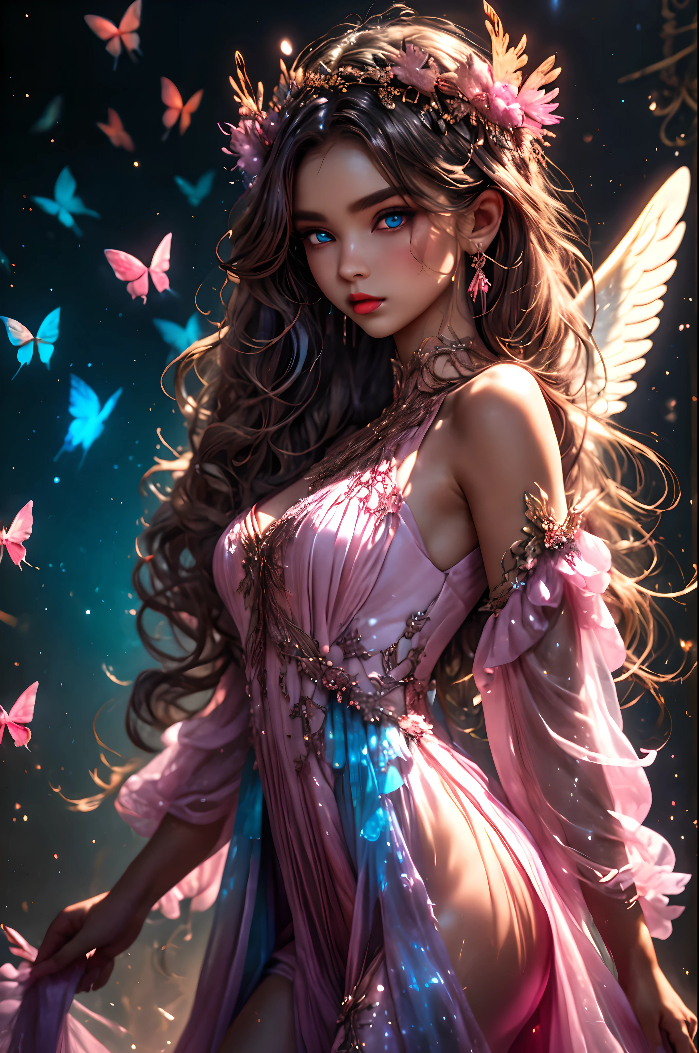 beautiful angel with a dress made of soft gossamer feathers and silk, beautiful iridescent wings, highly detailed wings, head and torso visible, interesting pretty background, fantasy, mythic fantasy, fairytale fantasy, (hires eyes), big eyes, beautiful eyes, shimmering background, 1 woman, 1 face, lots of colorful flying birds and butterflies, (iridescent details), silk and chiffon dress, ultra detailed, adult person, intricate, saturated colors, full lips, big mouth, light pink and dark pink and pink blue color scheme, rich colors, delicate intricate circlet, dynamic and interesting composition, smooth realistic skin texture, (cotton candy fantasy colors and aura), (high neckline), studio lighting