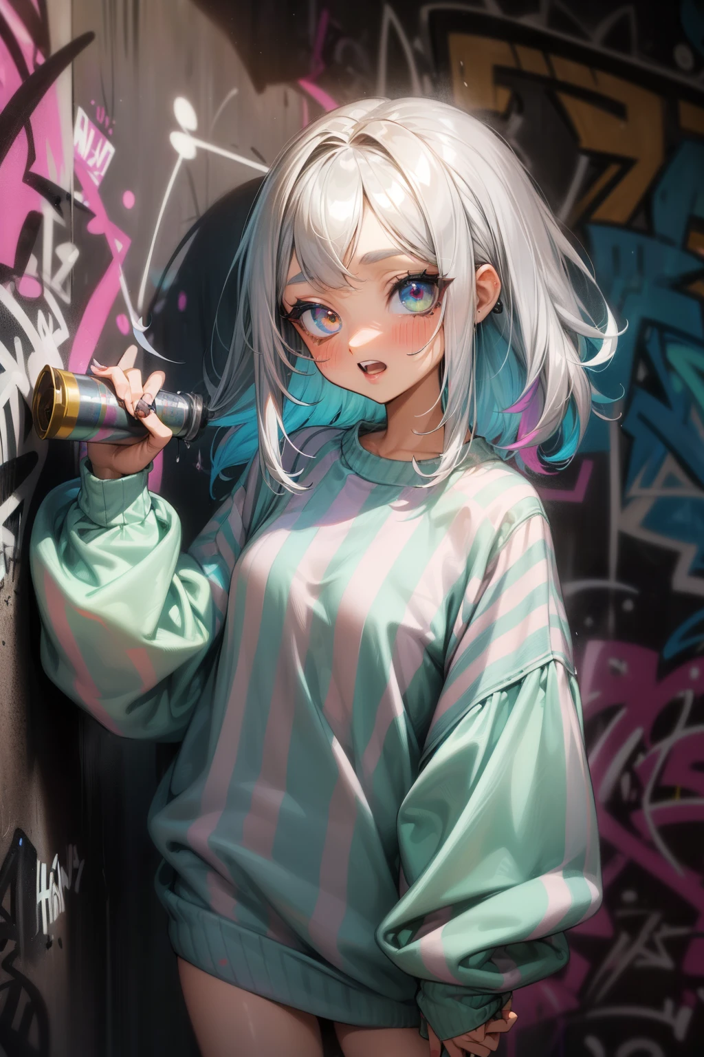 ((Masterpiece)), ((best quality)), (Anime:1.3), (super detail:1.2), (High Definition:1.3), (Professional Photography:1.3), ((12 years old)), cute young Girl, Glossy unruly hair, (loose swept bangs), (silver ash hair), medium hair, big eyes, (Eye bags:1.5), (Long eyelashes), colorful eyes, (smug and blush), open mouth, Glossy lips, (jagged teeth), farewell, ((horizontal stripes sweatshirt with oversized)), barearms, cute, (Hold the spray can in hand), (colorful:1.3), gothic makeup, (against the graffiti wall:1.5),