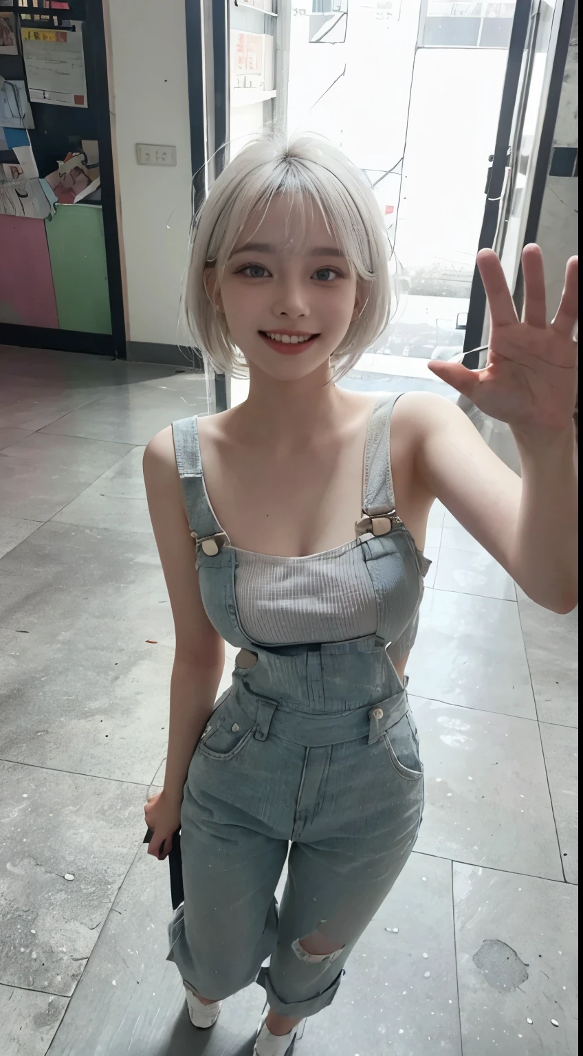 Best image quality、RAW Photos、超A high resolution、21 years old Korean、Small breasts、Dynamic Angle、Cowboy Shot、Chaos in its most beautiful form、elegant、brutalism design、Vibrant colors、Beautiful white hair、Short Bob、smile、fun、smile、Glowing White Skin、Beautiful eyes with random colors、Very thin lips、Beautiful eyes in every detail、length, Narrow eyes、Cheeks are pale pink、length eyelashes、Beautiful double eyelids、eye shadow、Bright white hair、Overalls、city、Photographed from diagonally above、Selfie、Full Body Shot