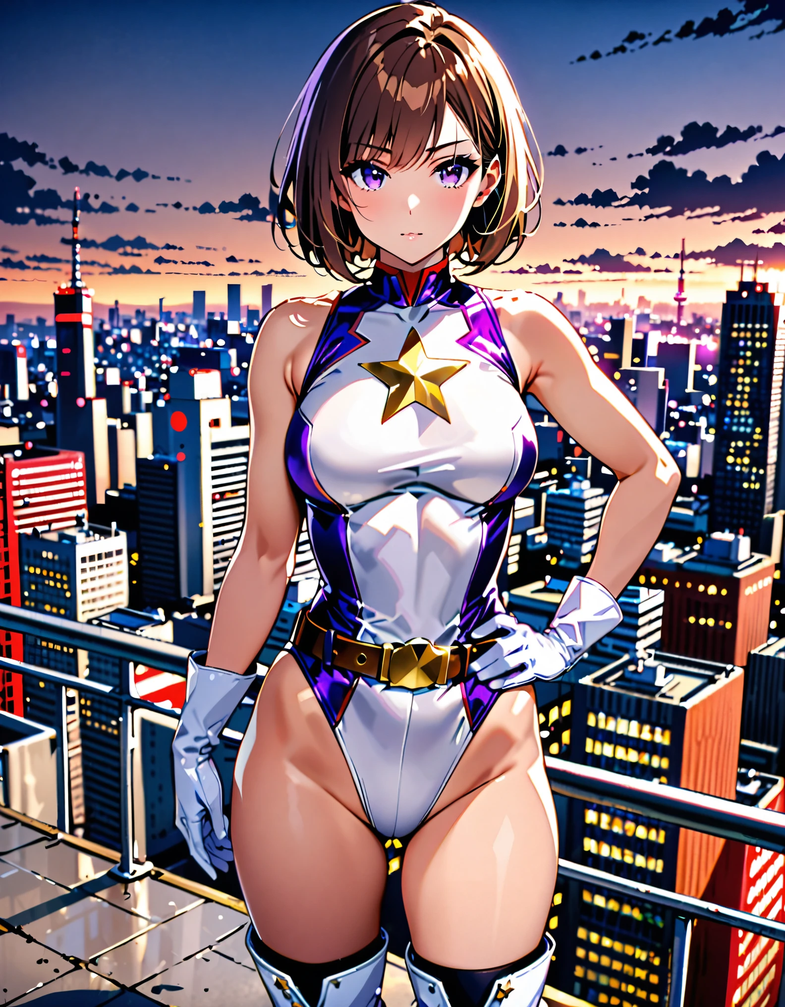 1girl, medium breasts, ((leotard, white and red leotard, matching leotard, sleeveless, bare legs)), ((tight belt, gold belt)), ((boots, matching boots, ankle boots, white boots)), ((gloves, white gloves)), city backdrop, tokyo city backdrop, solo, single, hands on hip, standing, ((full body shot)), cowboy shot, superhero, ((beautiful detailed eyes)), (gold star symbol on chest), (brown hair, medium hair, bob hair, purple eyes), (perfect anatomy), masterpiece, best quality