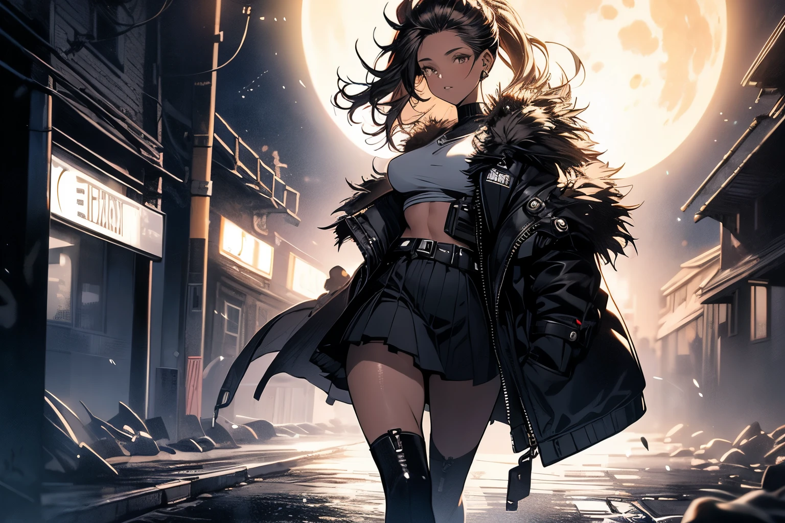 Original photo, best quality, full body photo), (Realistic, photo fidelity: 1.3), (Extremely delicate and beautiful: 1.1) 1 woman chiseled physique and wide hips, leggings, pleated skirt, sports top, high ponytail, high boots, long fur jacket, on a hazy moonlit night in a ghost town, monochrome style, line art, detailed face, detailed eye's, detailed lips, wide hips