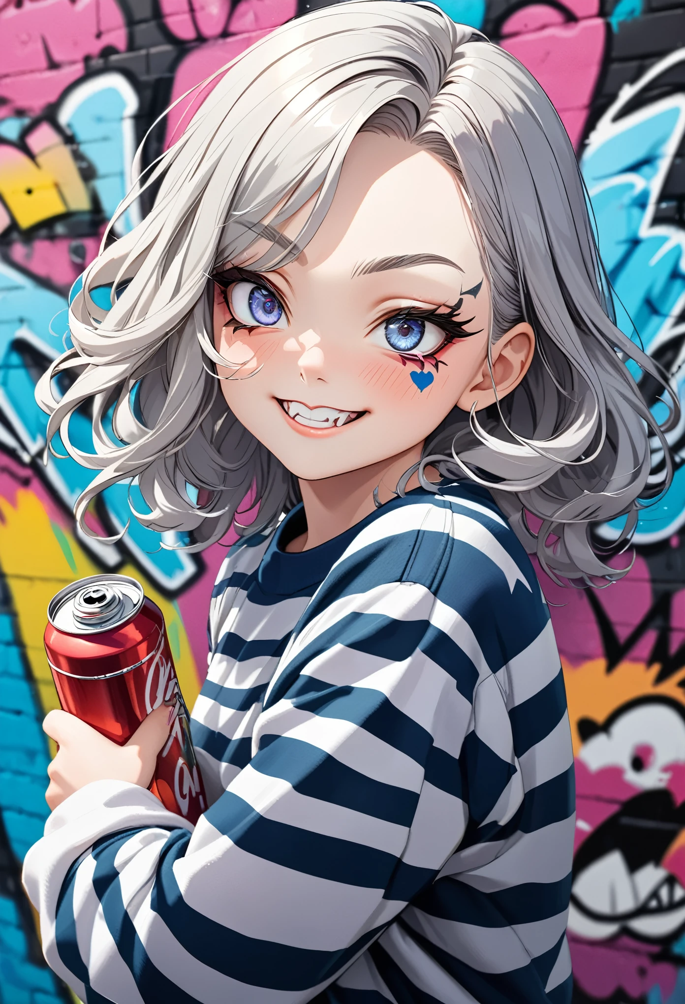 ((Masterpiece)), ((best quality)), (Anime:1.3), (super detail:1.2), (High Definition:1.3), (Professional Photography:1.3), (()), cute young Girl, Glossy unruly hair, (loose swept bangs), (silver ash hair), medium hair, big eyes, (Eye bags:1.5), (Long eyelashes), colorful eyes, (smug and blush), open mouth, Glossy lips, (jagged teeth), farewell, ((horizontal stripes sweatshirt with oversized)), barearms, cute, (Hold the spray can in hand), (colorful:1.3), gothic makeup, (against the graffiti wall:1.5),