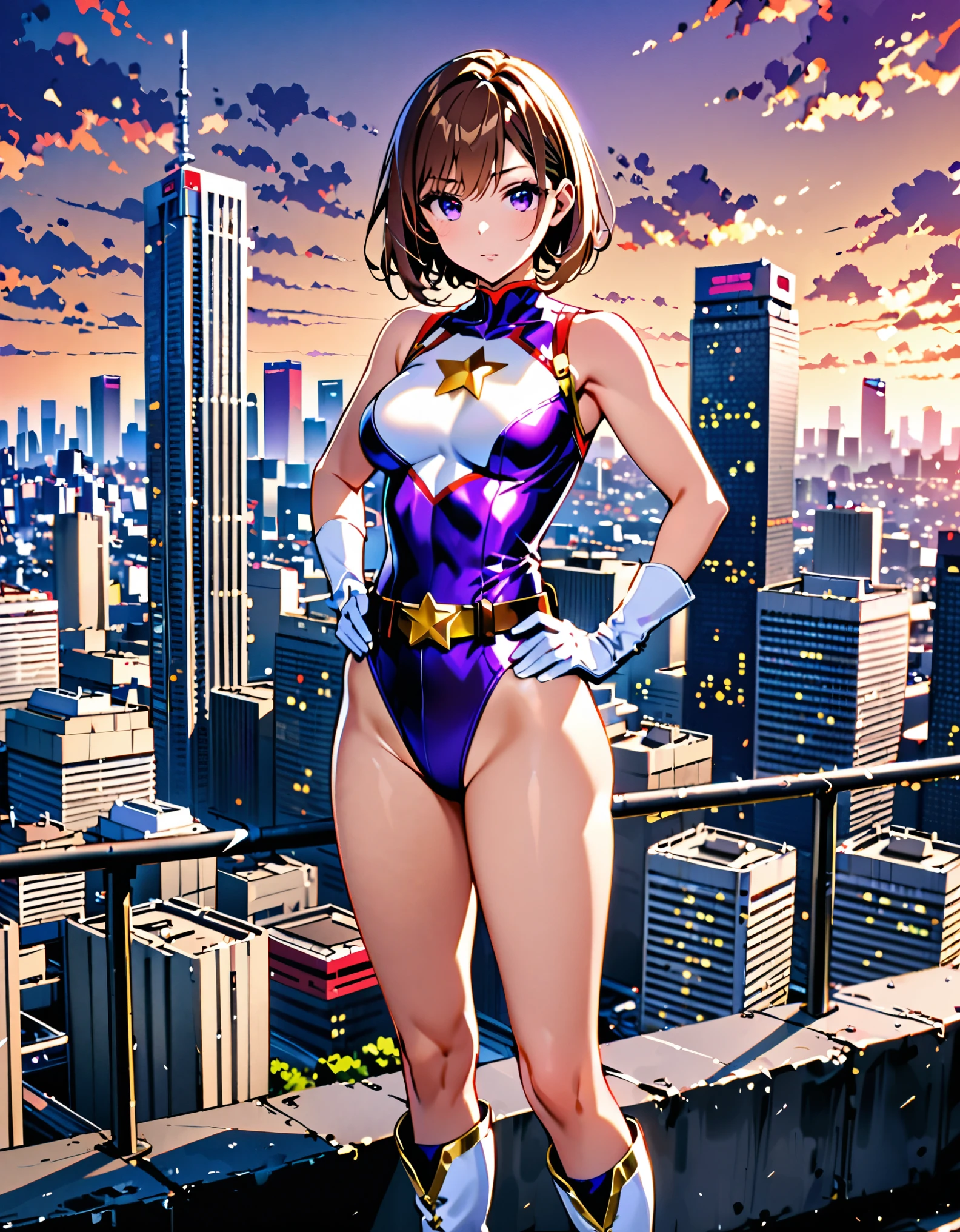 1girl, medium breasts, ((leotard, white and red leotard, matching leotard, sleeveless, bare legs)), ((tight belt, gold belt)), ((boots, matching boots, ankle boots, white boots)), ((gloves, white gloves)), city backdrop, tokyo city backdrop, solo, single, hands on hip, standing, ((full body shot)), cowboy shot, superhero, ((beautiful detailed eyes)), (gold star symbol on chest), (brown hair, medium hair, bob hair, purple eyes), (perfect anatomy), masterpiece, best quality